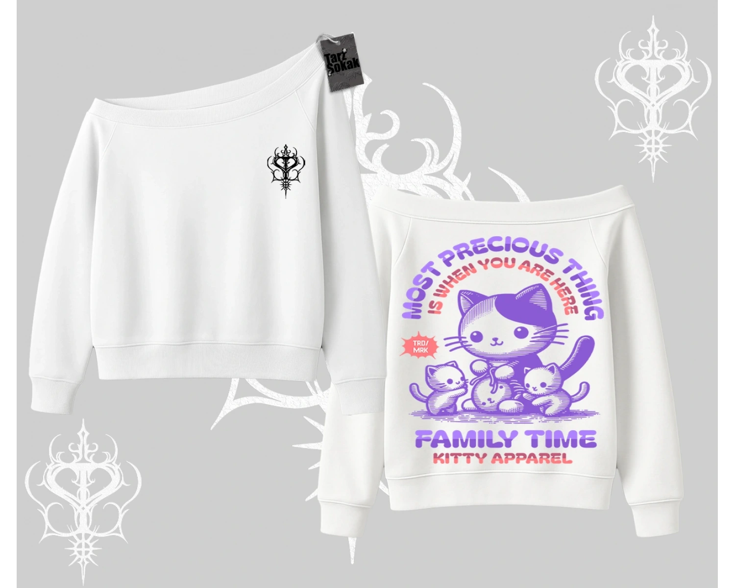 Family Time Yazılı Sevimli Anne Kedi Arka Baskılı Kayık Yaka Sweatshirt
