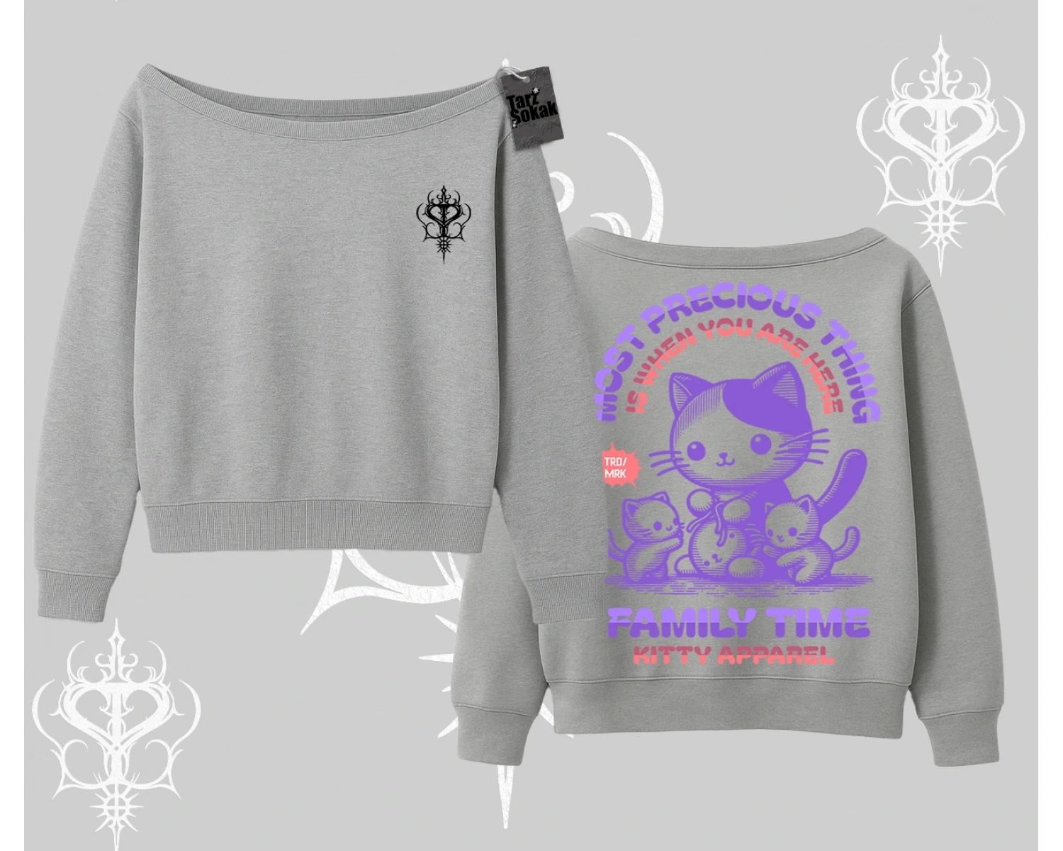 Family Time Yazılı Sevimli Anne Kedi Arka Baskılı Kayık Yaka Sweatshirt