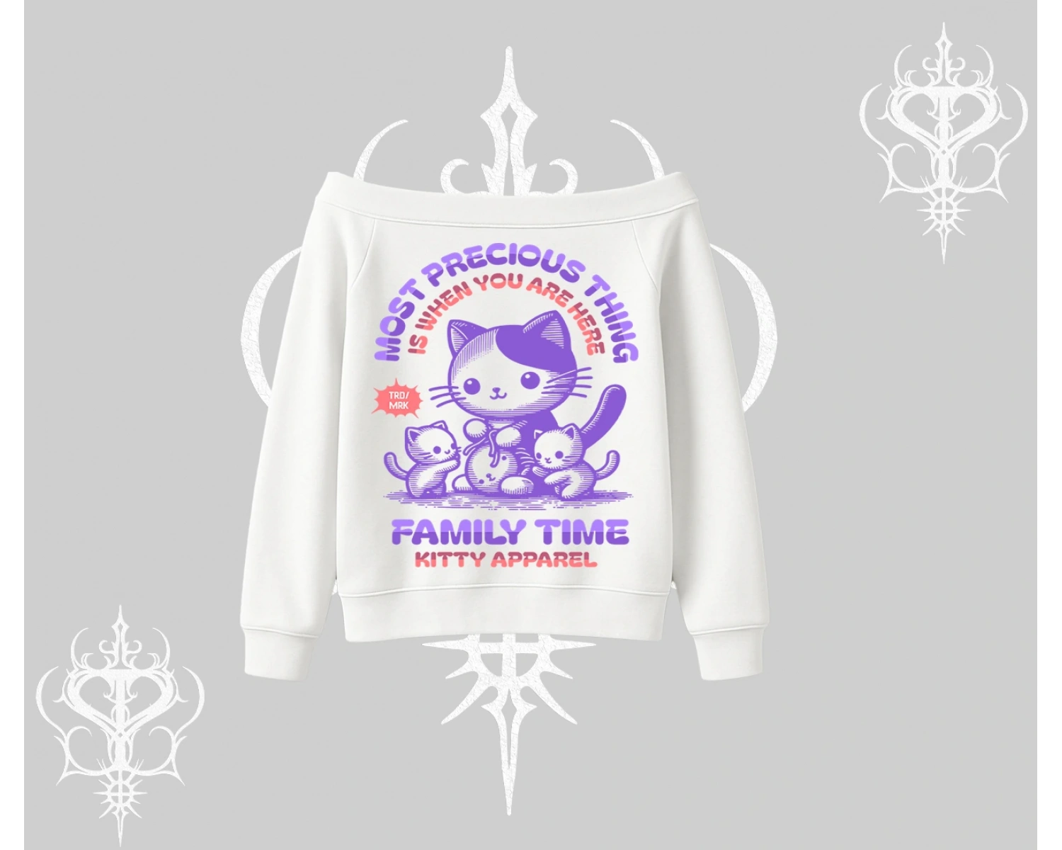 Family Time Yazılı Sevimli Anne Kedi Arka Baskılı Kayık Yaka Sweatshirt