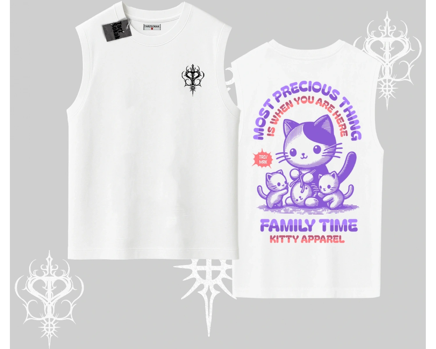 Family Time Yazılı Sevimli Anne Kedi Arka Baskılı Kolsuz Tshirt