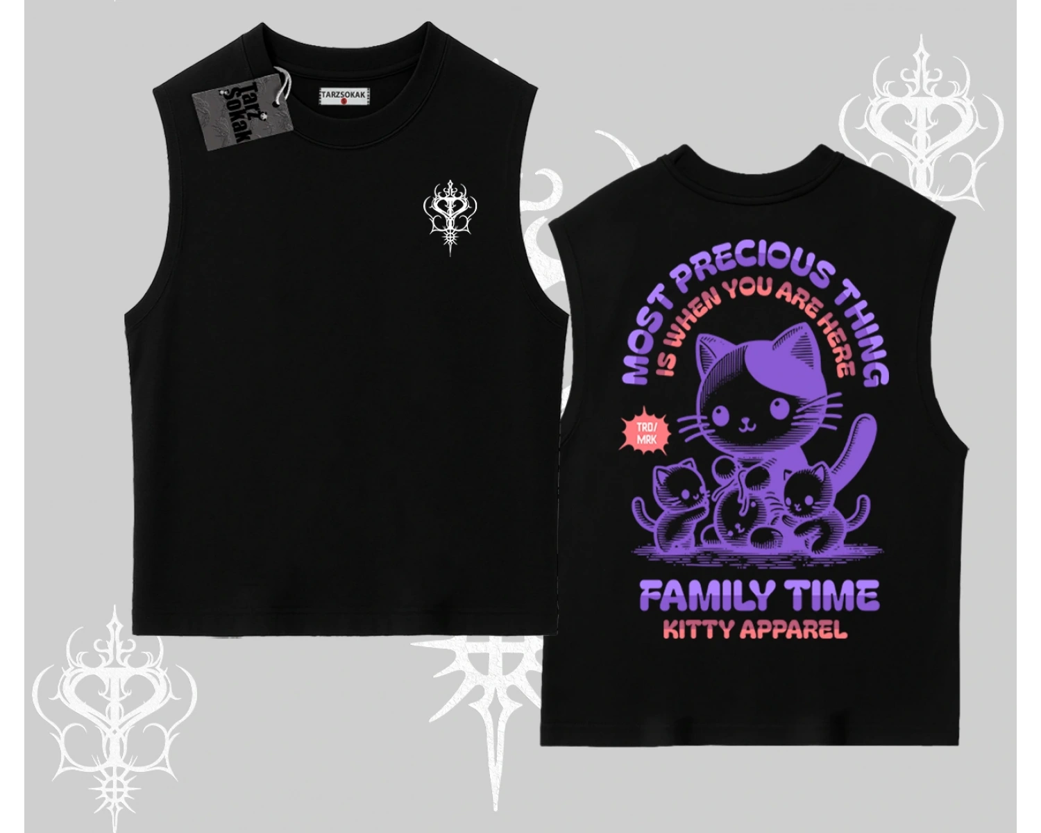 Family Time Yazılı Sevimli Anne Kedi Arka Baskılı Kolsuz Tshirt