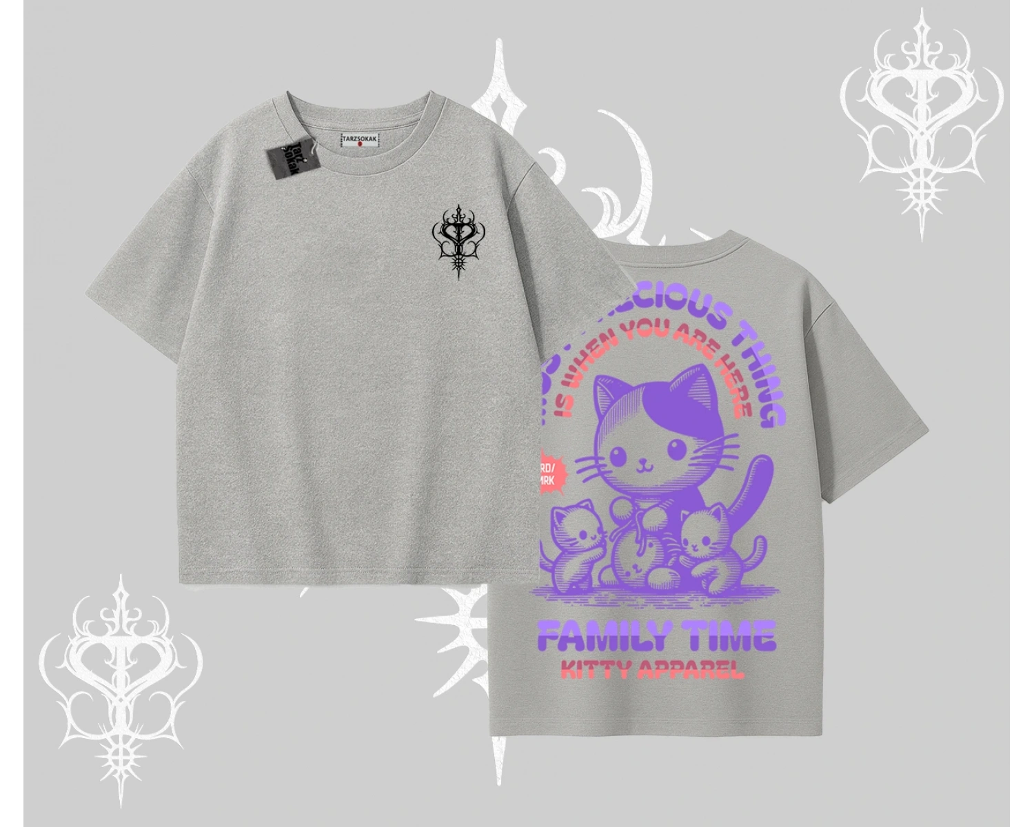 Family Time Yazılı Sevimli Anne Kedi Arka Baskılı Oversize Tshirt