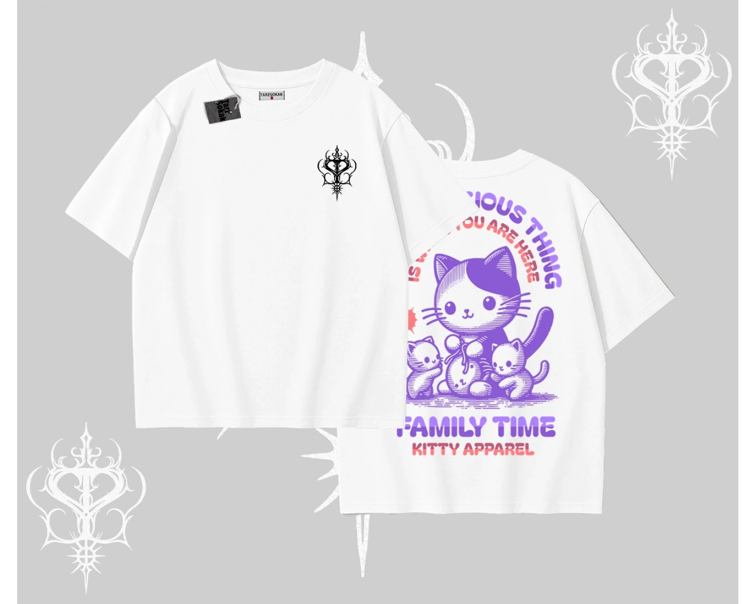 Family Time Yazılı Sevimli Anne Kedi Arka Baskılı Oversize Tshirt