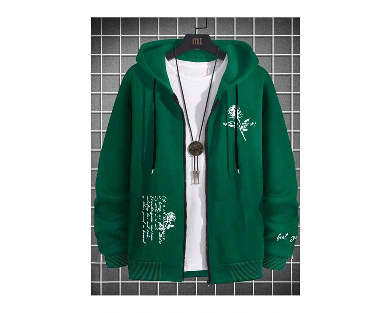 Fermuarlı Sweatshirt Manfinity Hypemode Men Floral & Slogan Graphic Drawstring Sweatshirt Yeşil
