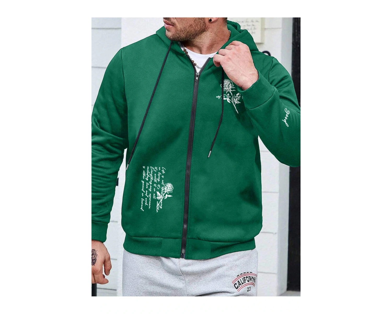 Fermuarlı Sweatshirt Manfinity Hypemode Men Floral & Slogan Graphic Drawstring Sweatshirt Yeşil