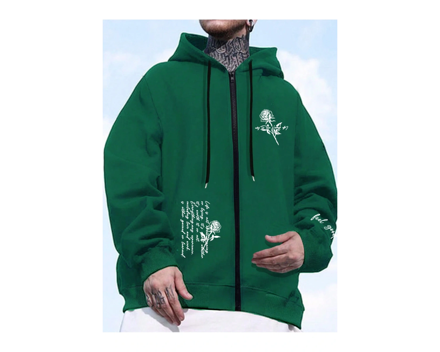 Fermuarlı Sweatshirt Manfinity Hypemode Men Floral & Slogan Graphic Drawstring Sweatshirt Yeşil