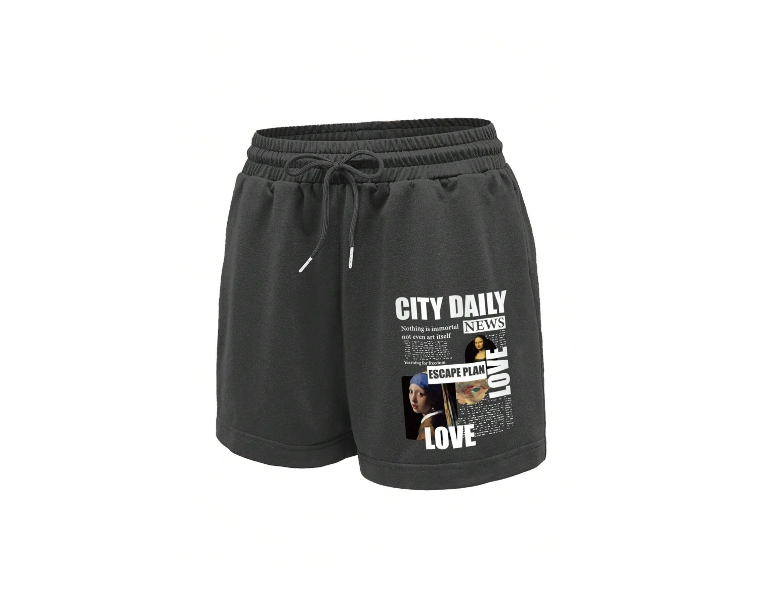 Figure and Slogan Graphic Drawstring Waist Track Şort