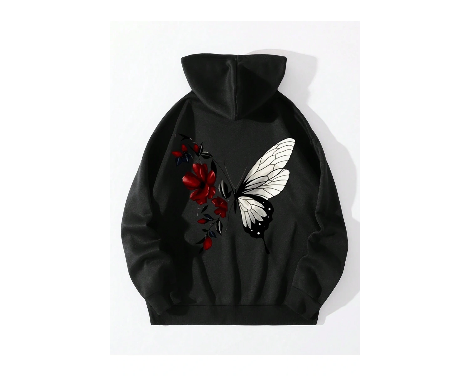 Floral & Butterfly Print Drawstring Lined Hoodie Siyah