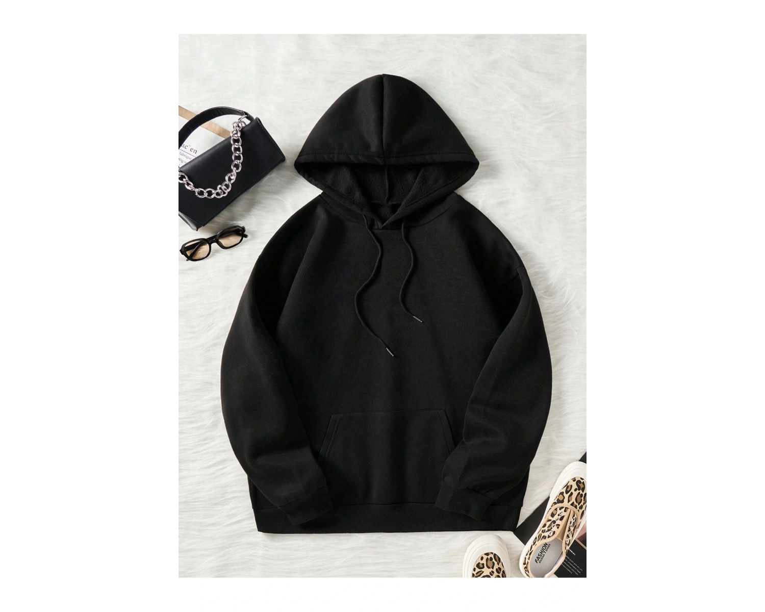 Floral & Butterfly Print Drawstring Lined Hoodie Siyah