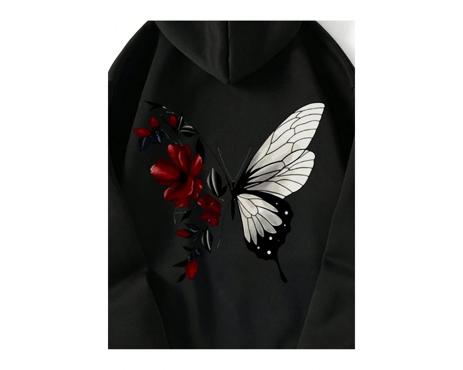 Floral & Butterfly Print Drawstring Lined Hoodie Siyah