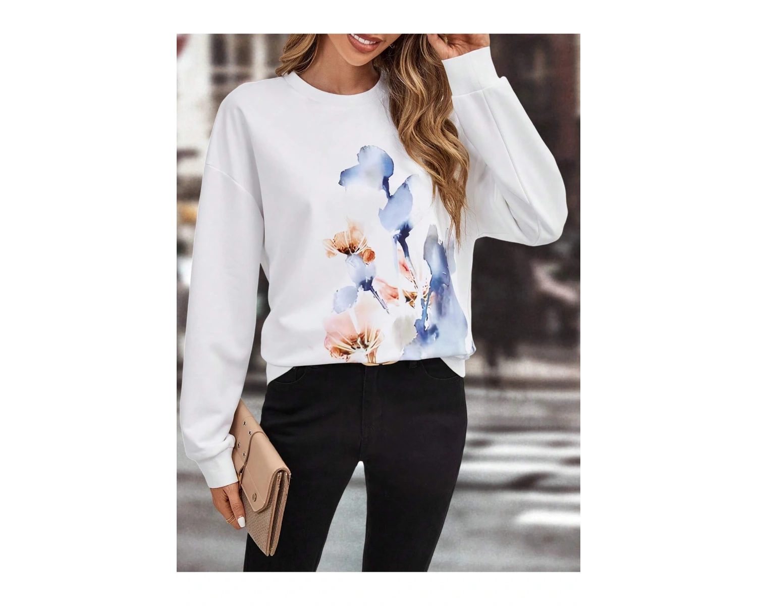 Floral Print Drop Shoulder Sweatshirt Beyaz