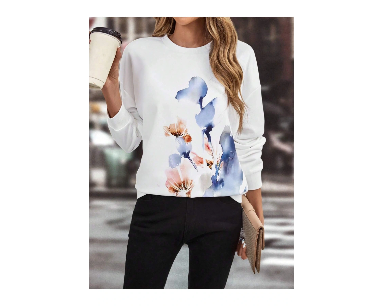Floral Print Drop Shoulder Sweatshirt Beyaz
