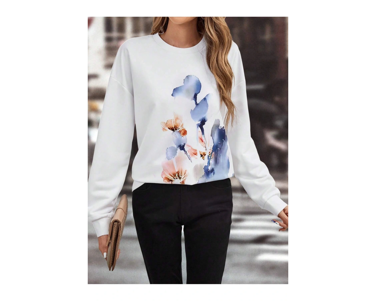 Floral Print Drop Shoulder Sweatshirt Beyaz