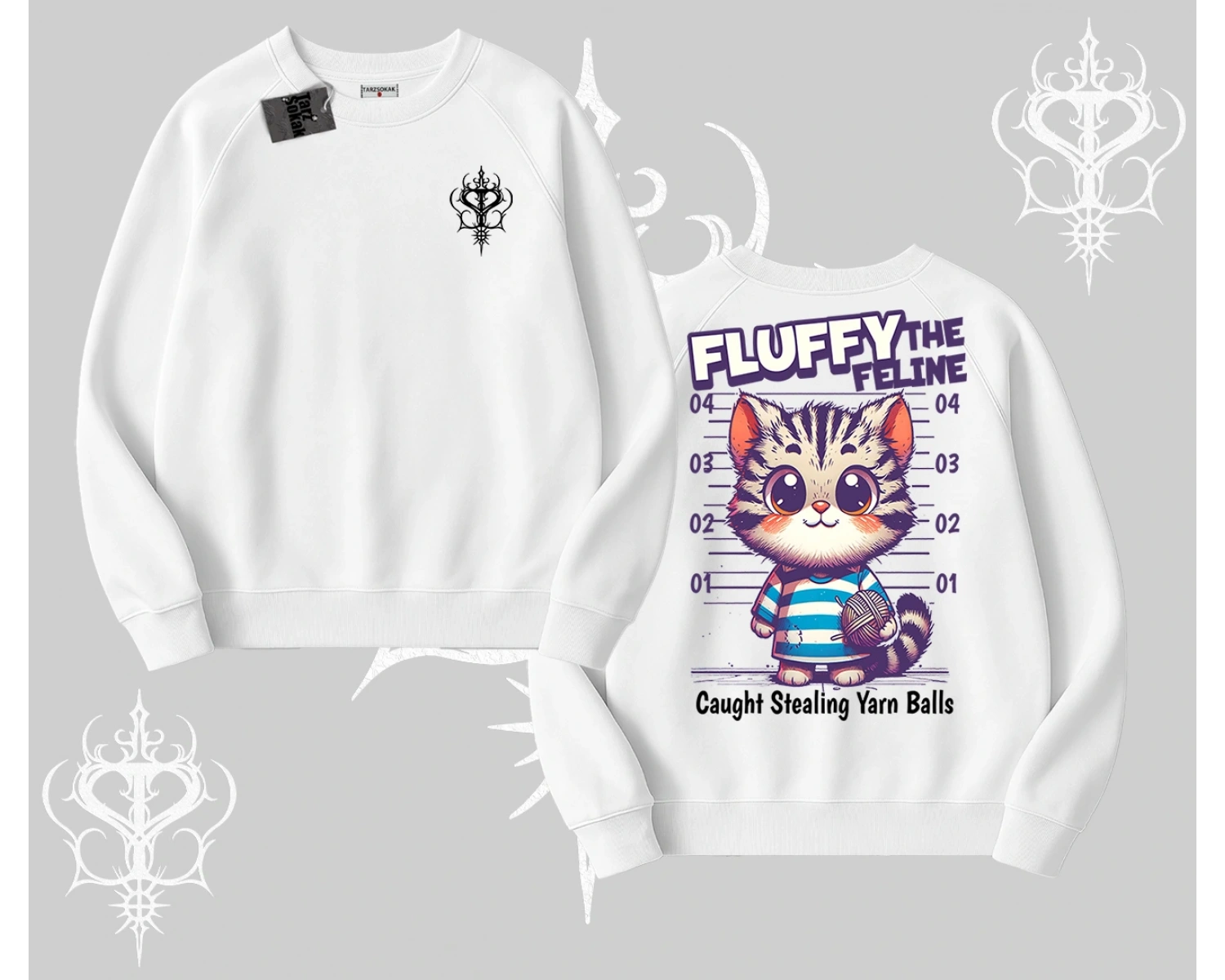 Fluffy The Feline Yazılı Sevimli Kedi Arka Baskılı Biskilet Sweatshirt
