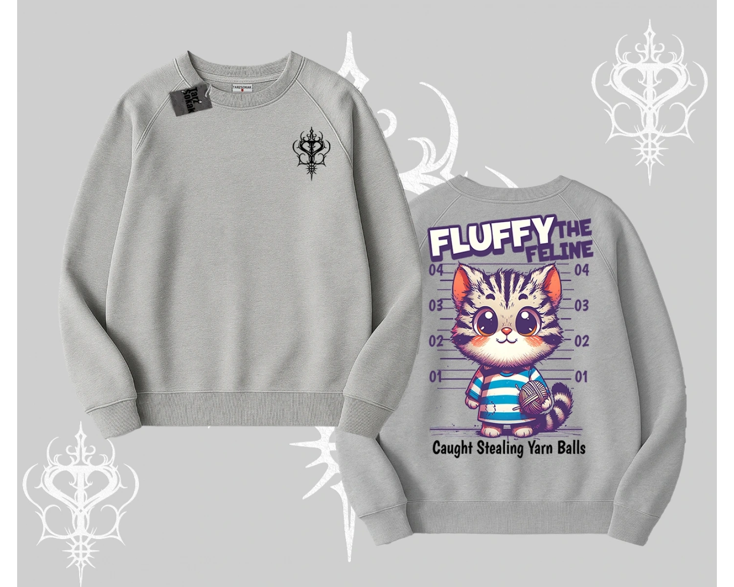 Fluffy The Feline Yazılı Sevimli Kedi Arka Baskılı Biskilet Sweatshirt