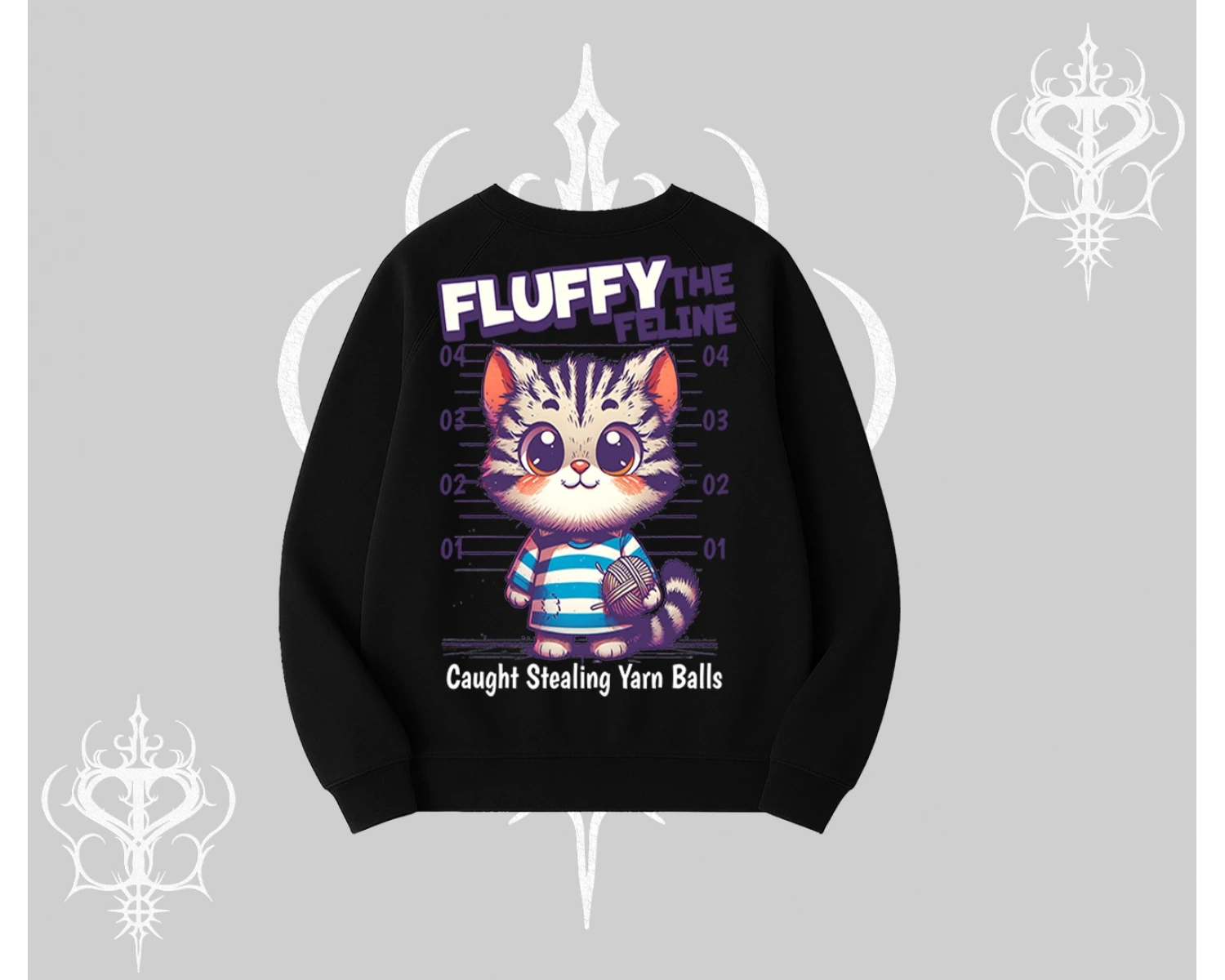 Fluffy The Feline Yazılı Sevimli Kedi Arka Baskılı Biskilet Sweatshirt