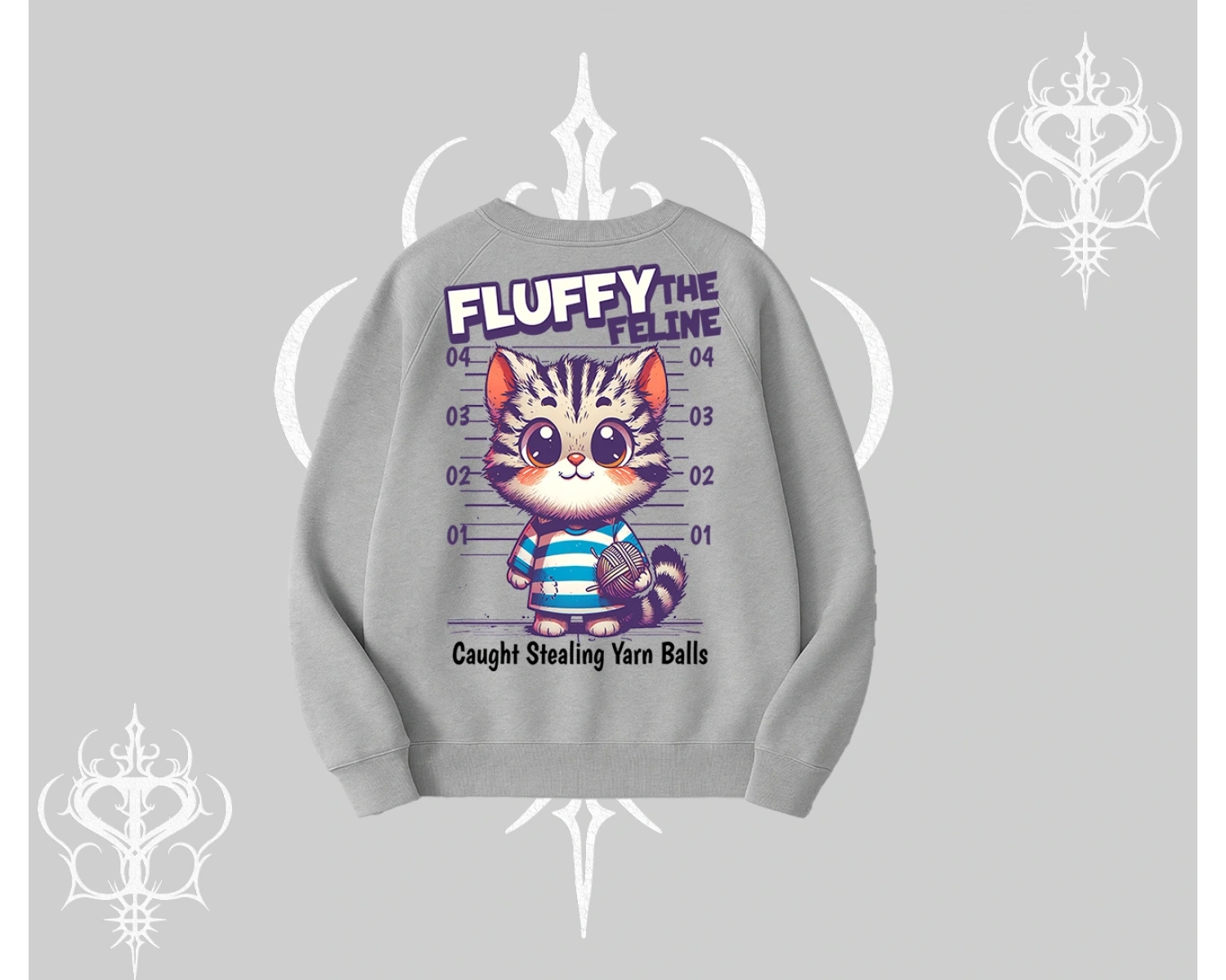 Fluffy The Feline Yazılı Sevimli Kedi Arka Baskılı Biskilet Sweatshirt