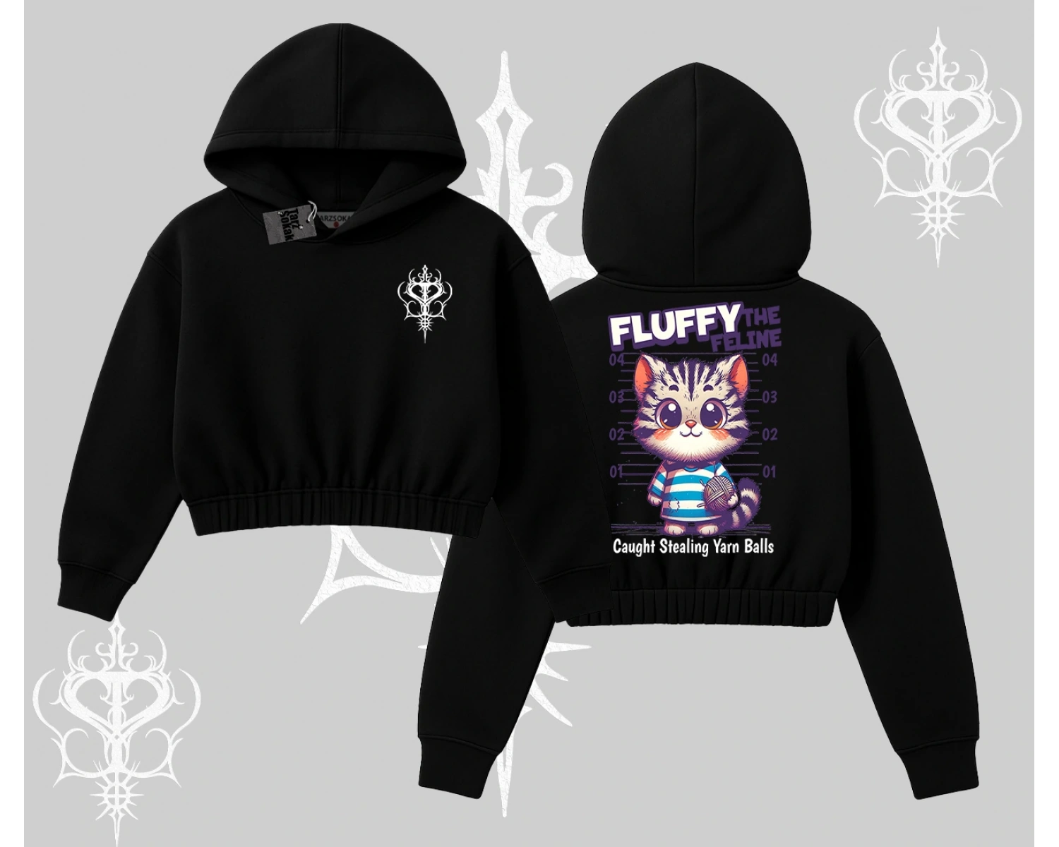 Fluffy The Feline Yazılı Sevimli Kedi Arka Baskılı Kapşonlu Crop Sweatshirt