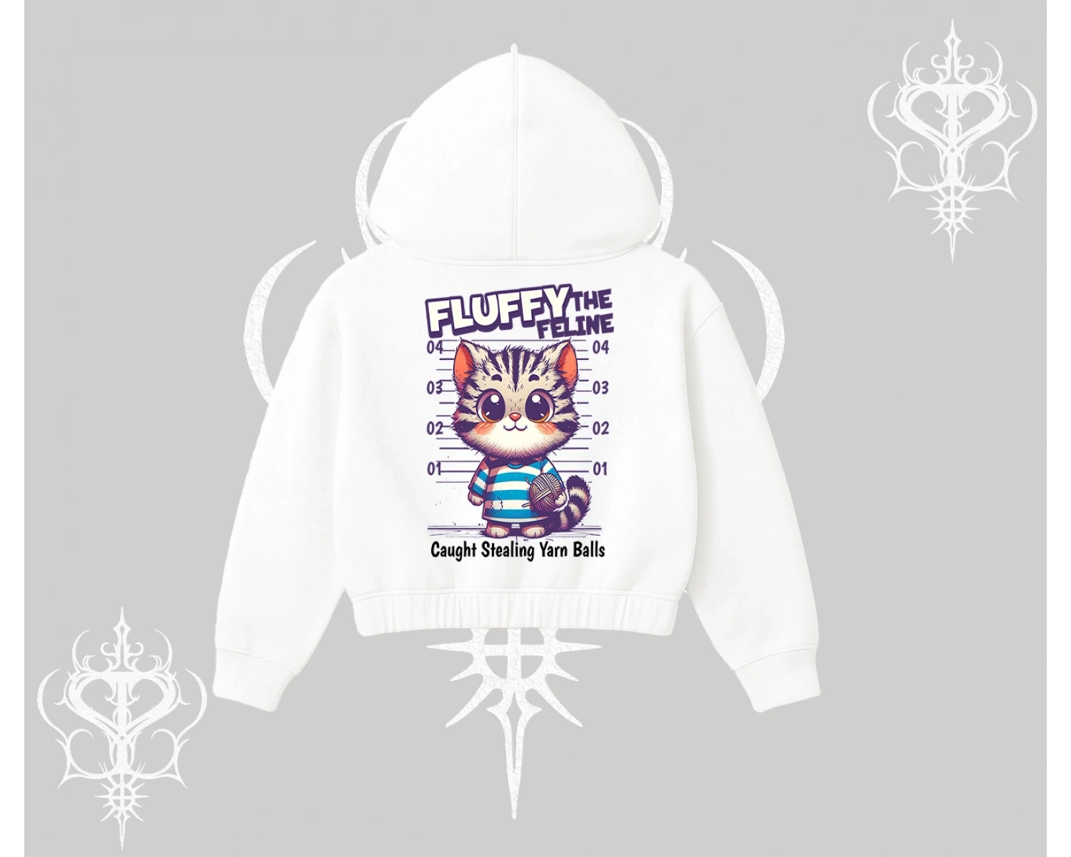 Fluffy The Feline Yazılı Sevimli Kedi Arka Baskılı Kapşonlu Crop Sweatshirt