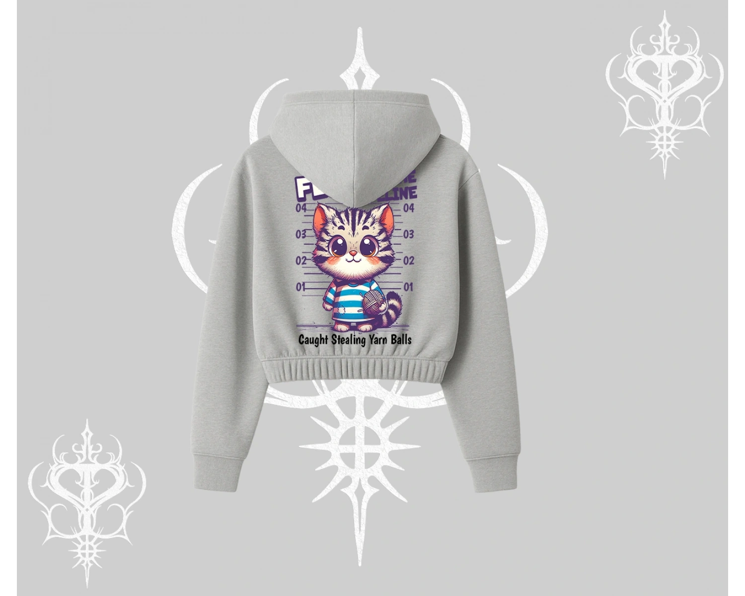 Fluffy The Feline Yazılı Sevimli Kedi Arka Baskılı Kapşonlu Crop Sweatshirt