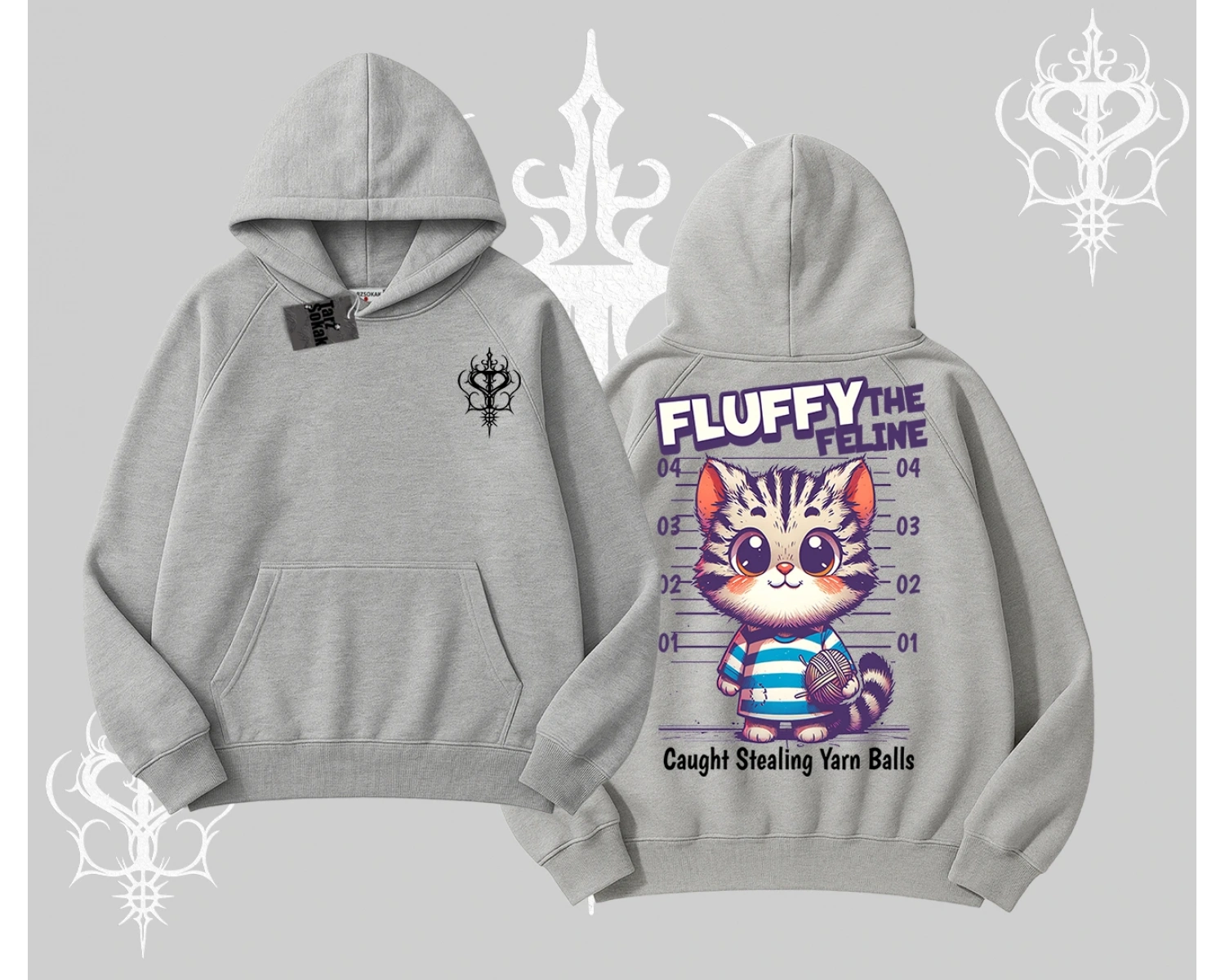 Fluffy The Feline Yazılı Sevimli Kedi Arka Baskılı Kapşonlu Sweatshirt