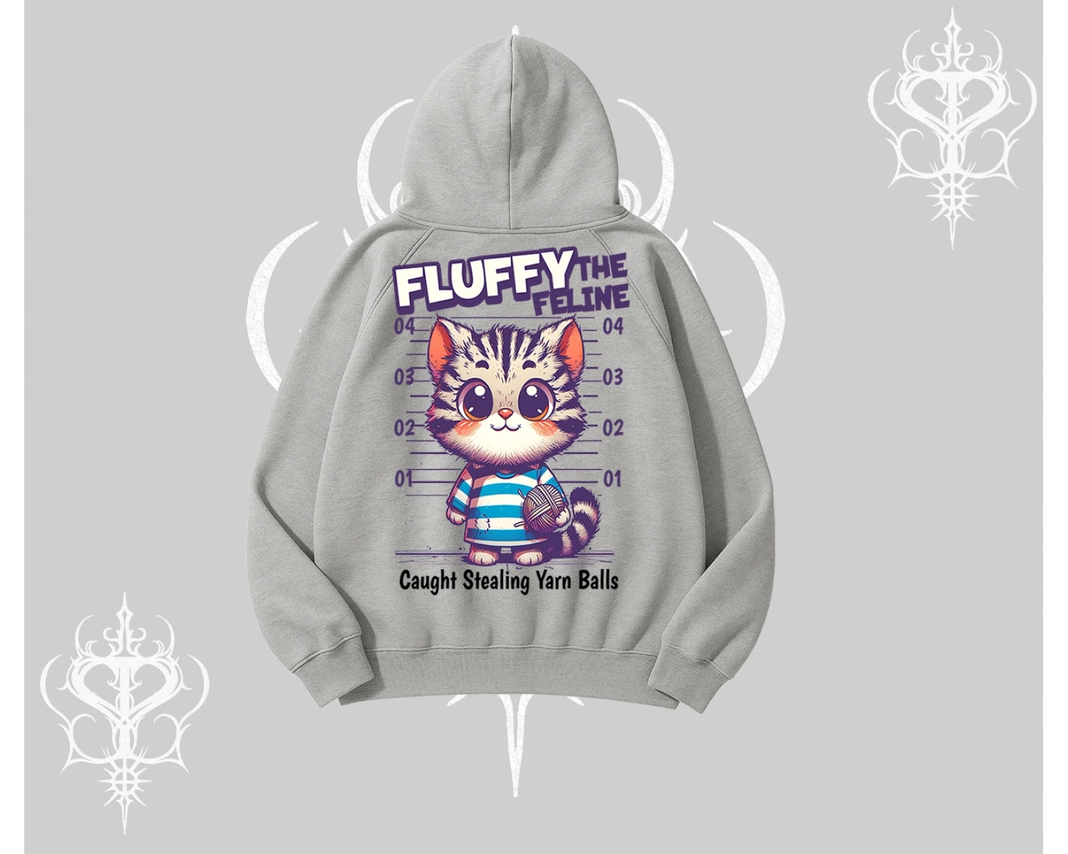 Fluffy The Feline Yazılı Sevimli Kedi Arka Baskılı Kapşonlu Sweatshirt