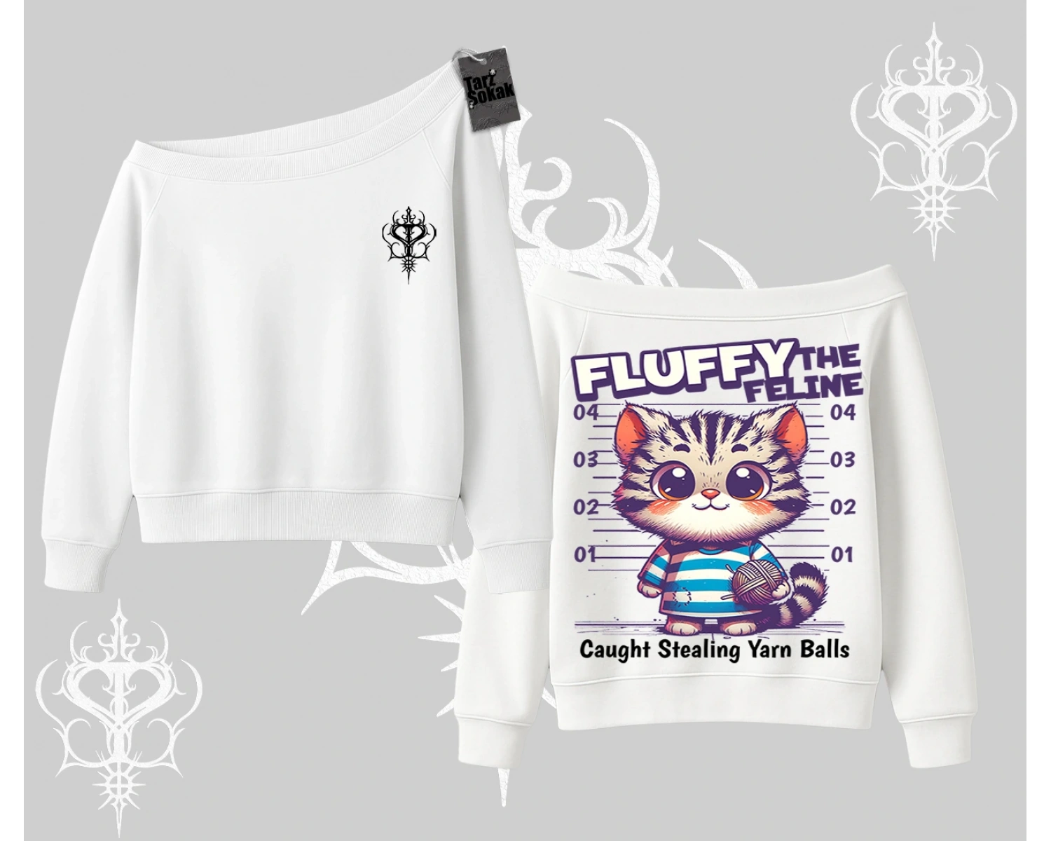 Fluffy The Feline Yazılı Sevimli Kedi Arka Baskılı Kayık Yaka Sweatshirt