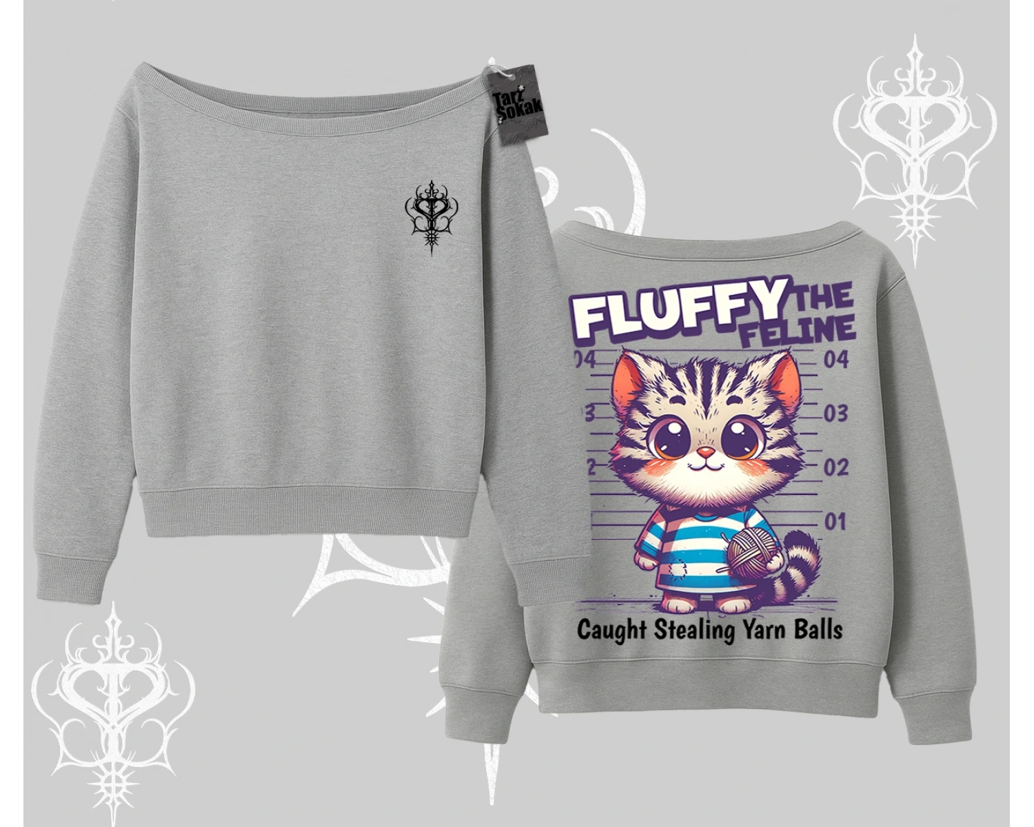 Fluffy The Feline Yazılı Sevimli Kedi Arka Baskılı Kayık Yaka Sweatshirt