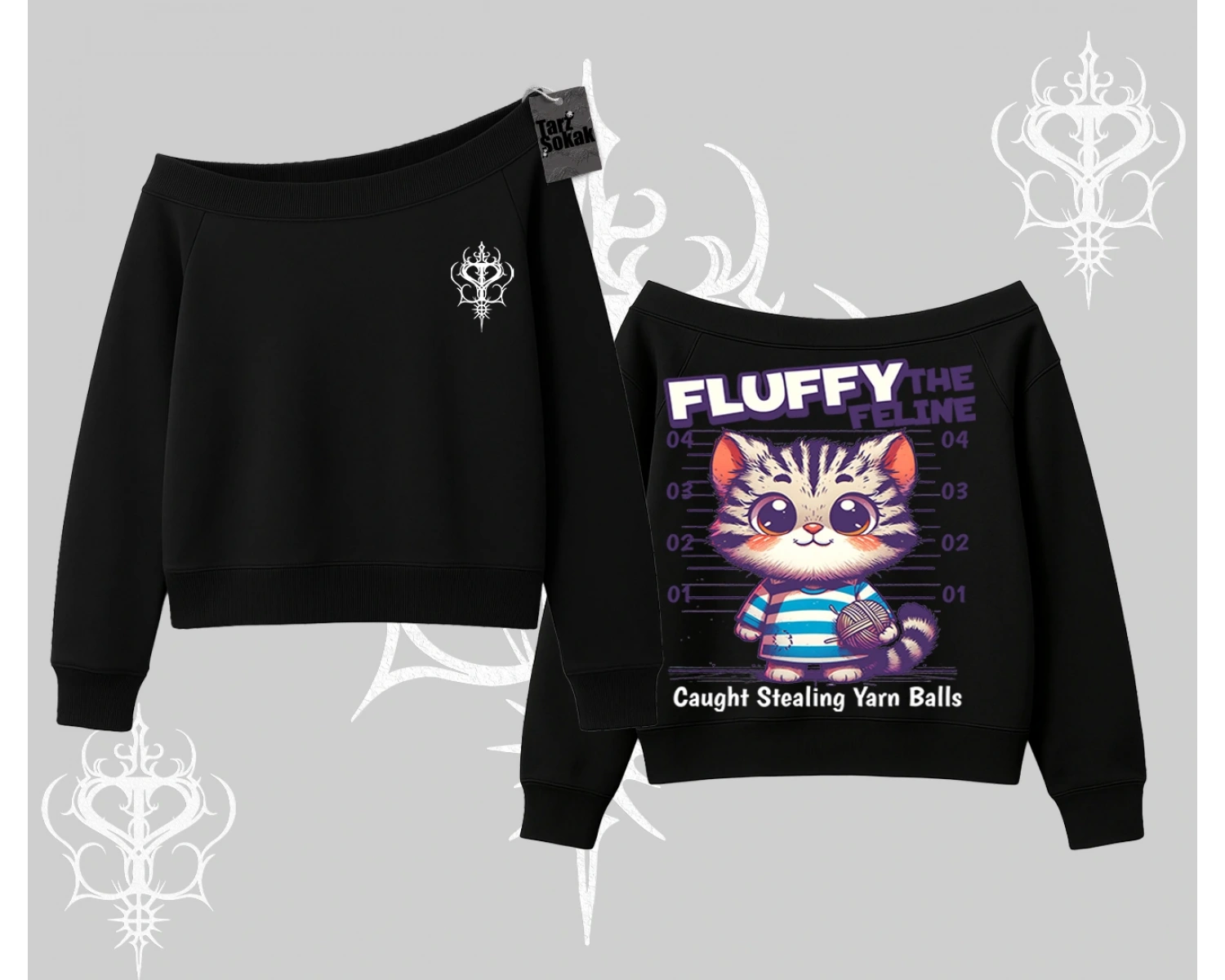 Fluffy The Feline Yazılı Sevimli Kedi Arka Baskılı Kayık Yaka Sweatshirt