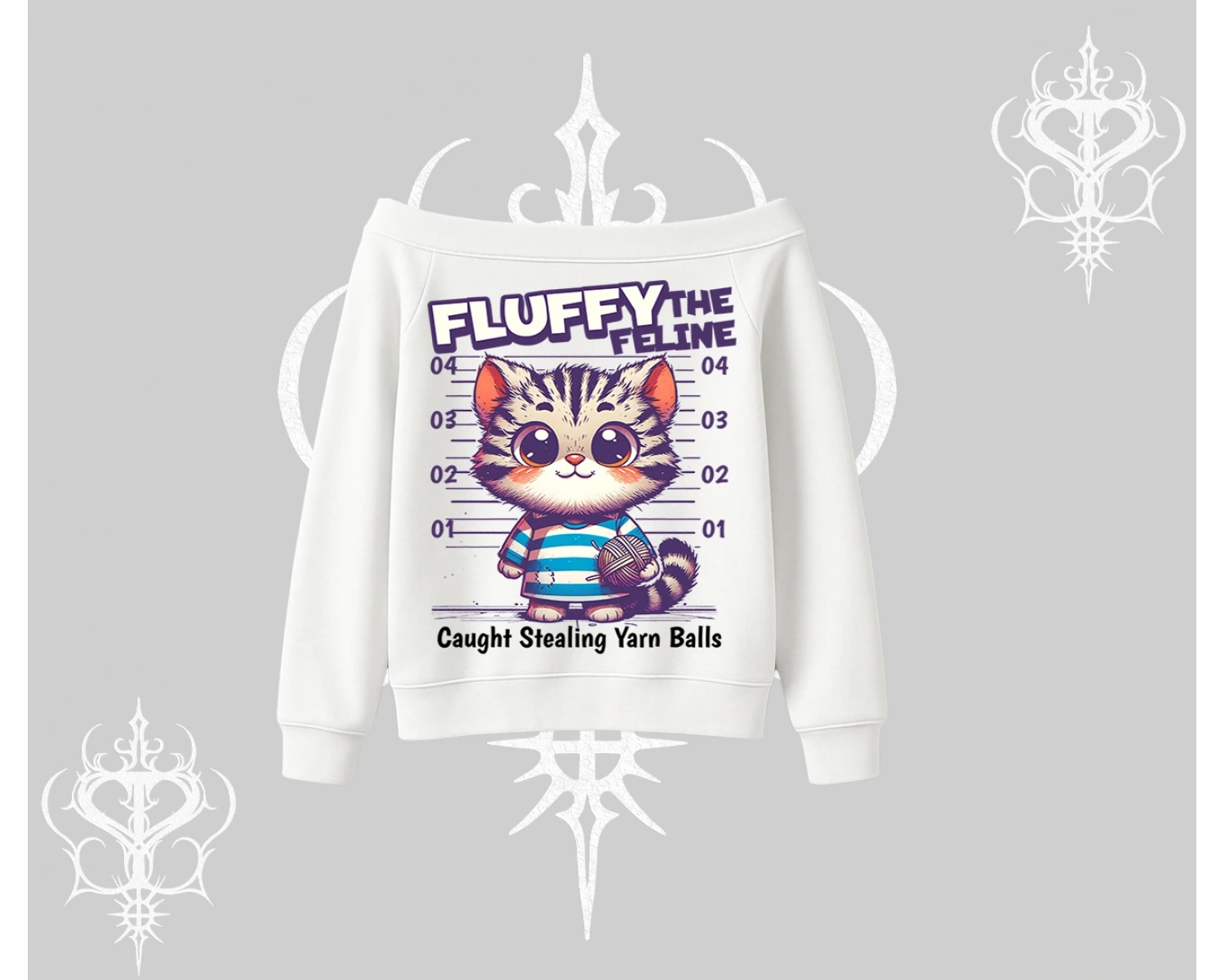 Fluffy The Feline Yazılı Sevimli Kedi Arka Baskılı Kayık Yaka Sweatshirt