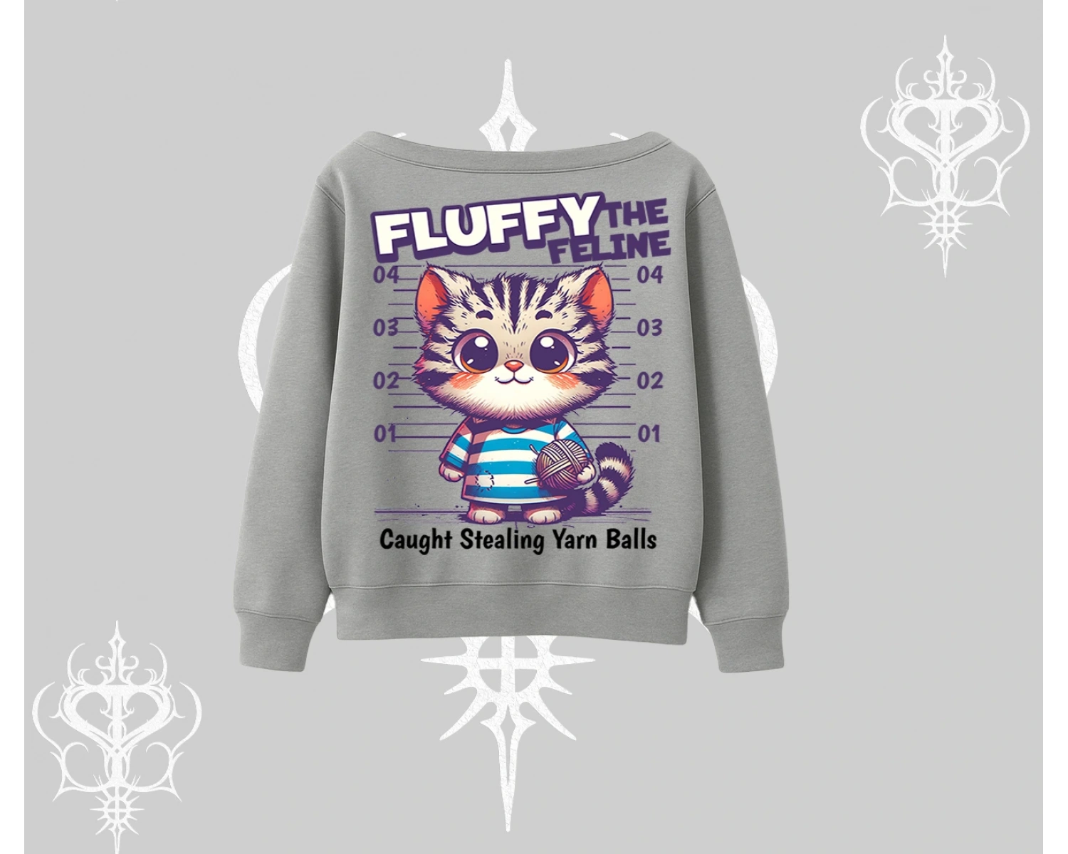 Fluffy The Feline Yazılı Sevimli Kedi Arka Baskılı Kayık Yaka Sweatshirt