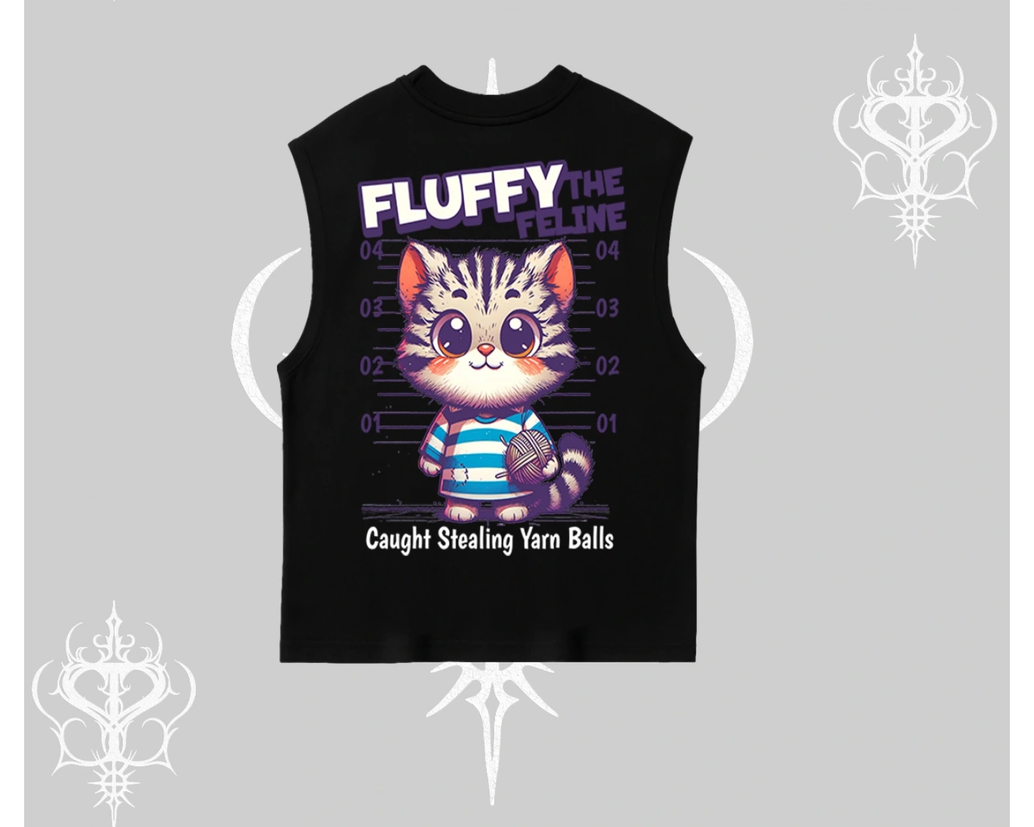 Fluffy The Feline Yazılı Sevimli Kedi Arka Baskılı Kolsuz Tshirt