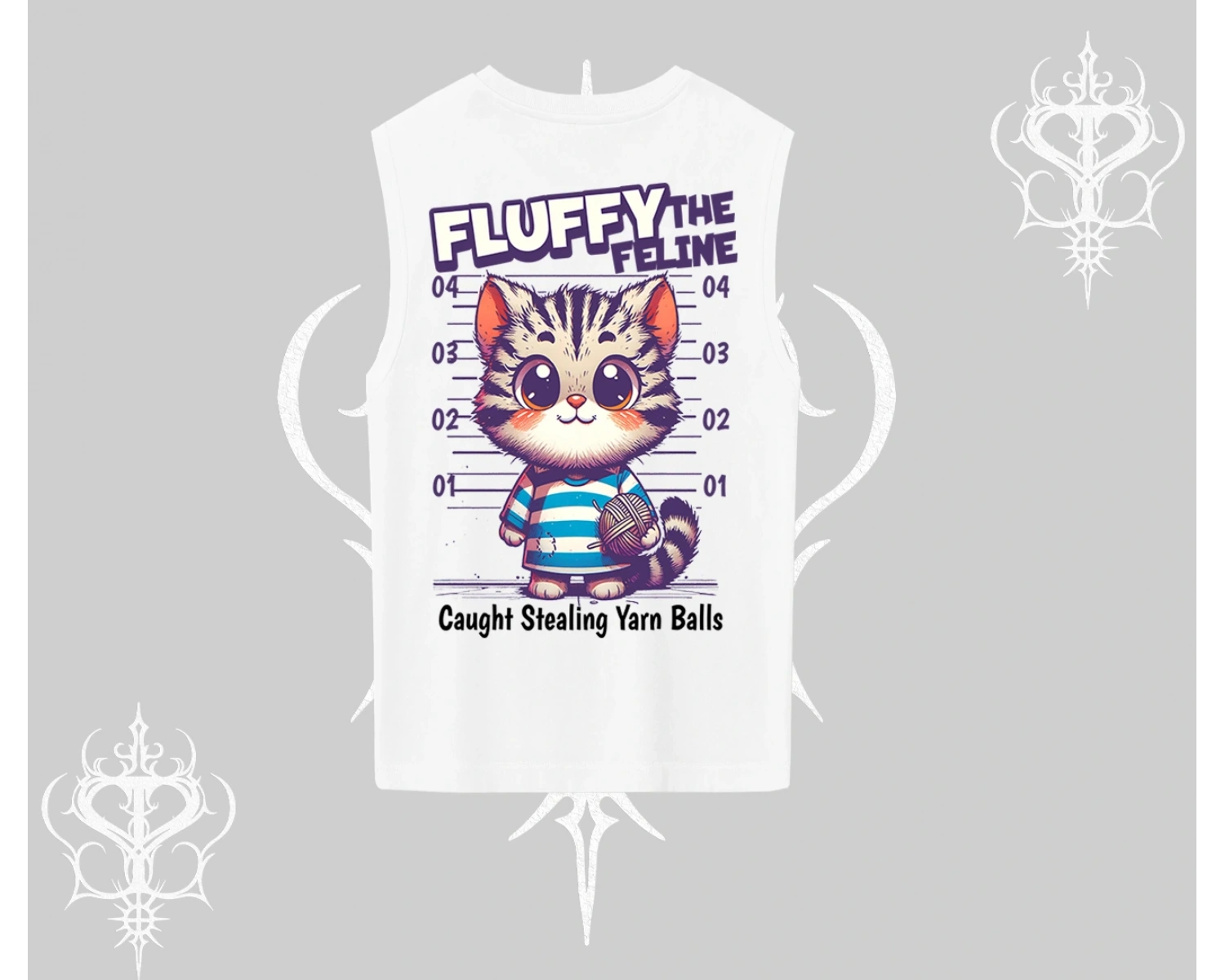 Fluffy The Feline Yazılı Sevimli Kedi Arka Baskılı Kolsuz Tshirt