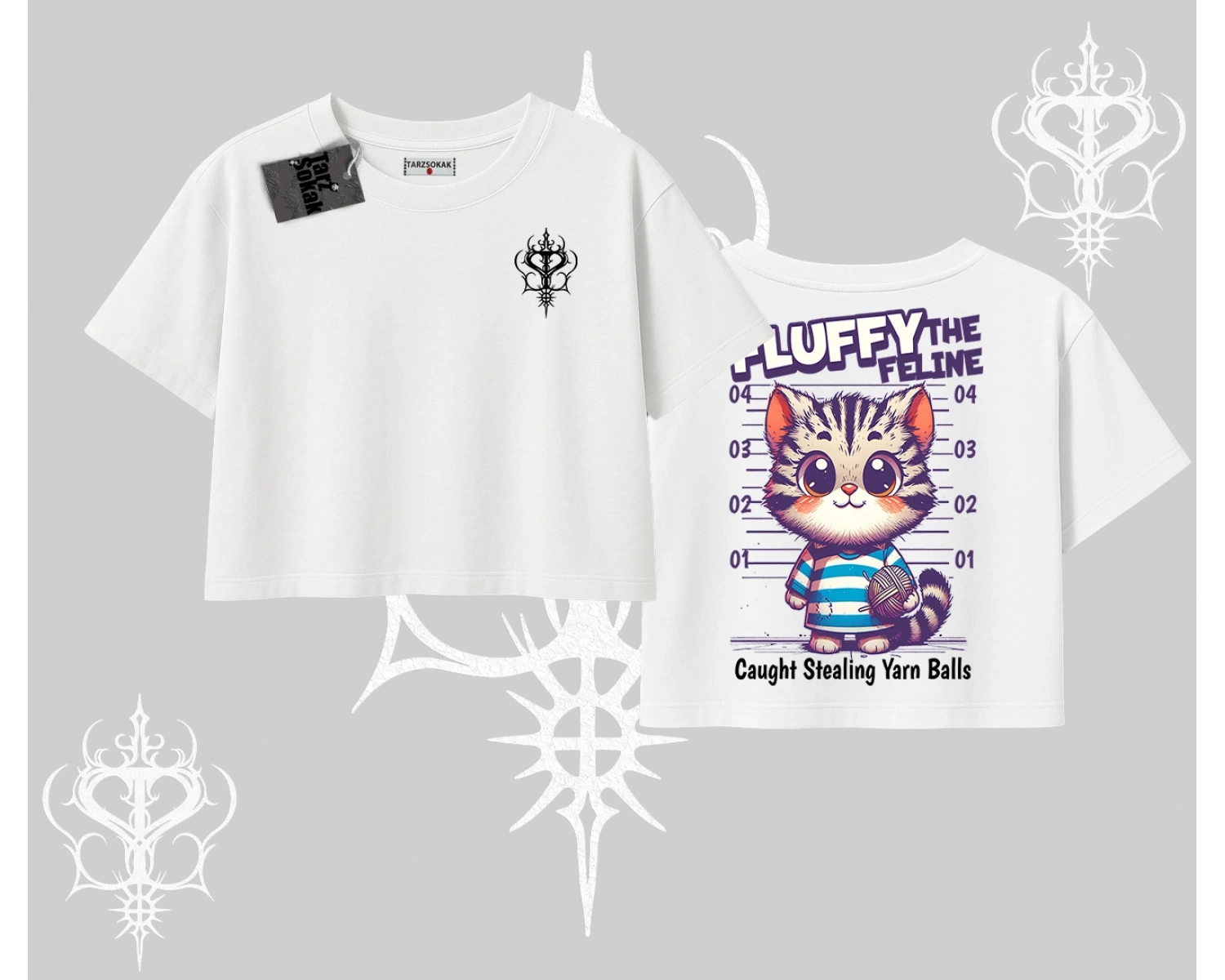 Fluffy The Feline Yazılı Sevimli Kedi Arka Baskılı Oversize Crop Tshirt