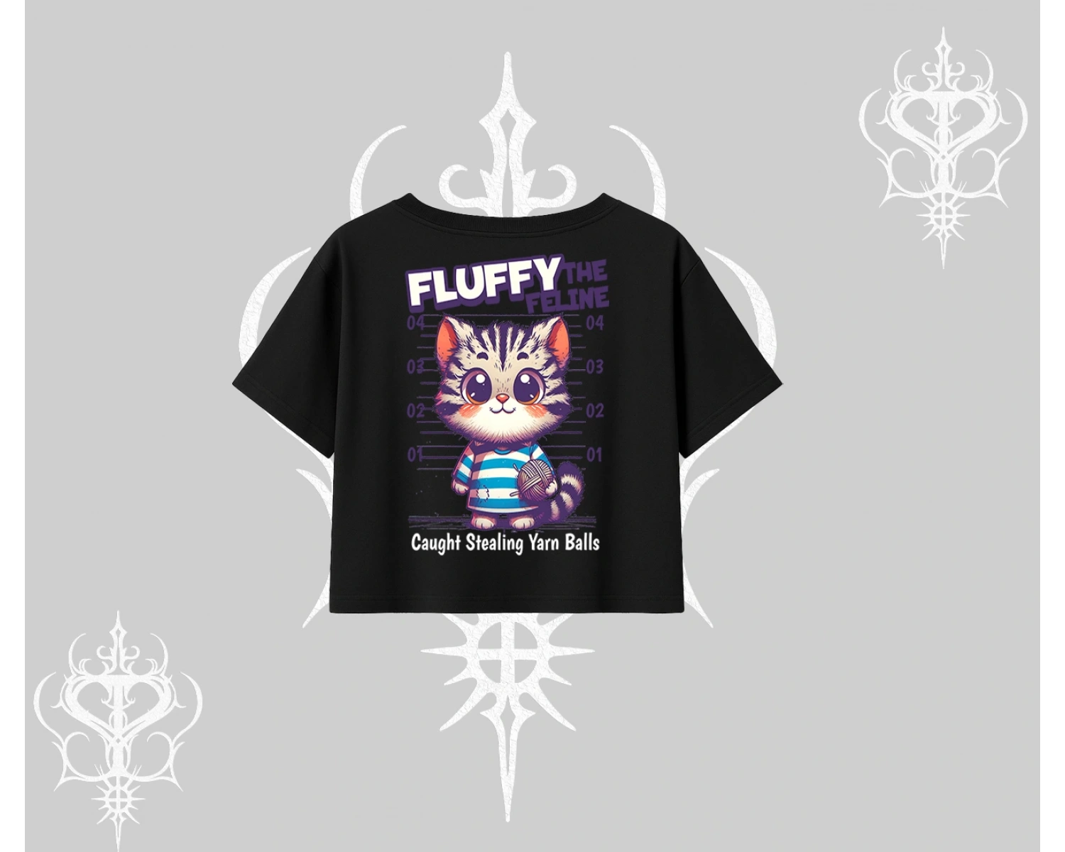 Fluffy The Feline Yazılı Sevimli Kedi Arka Baskılı Oversize Crop Tshirt