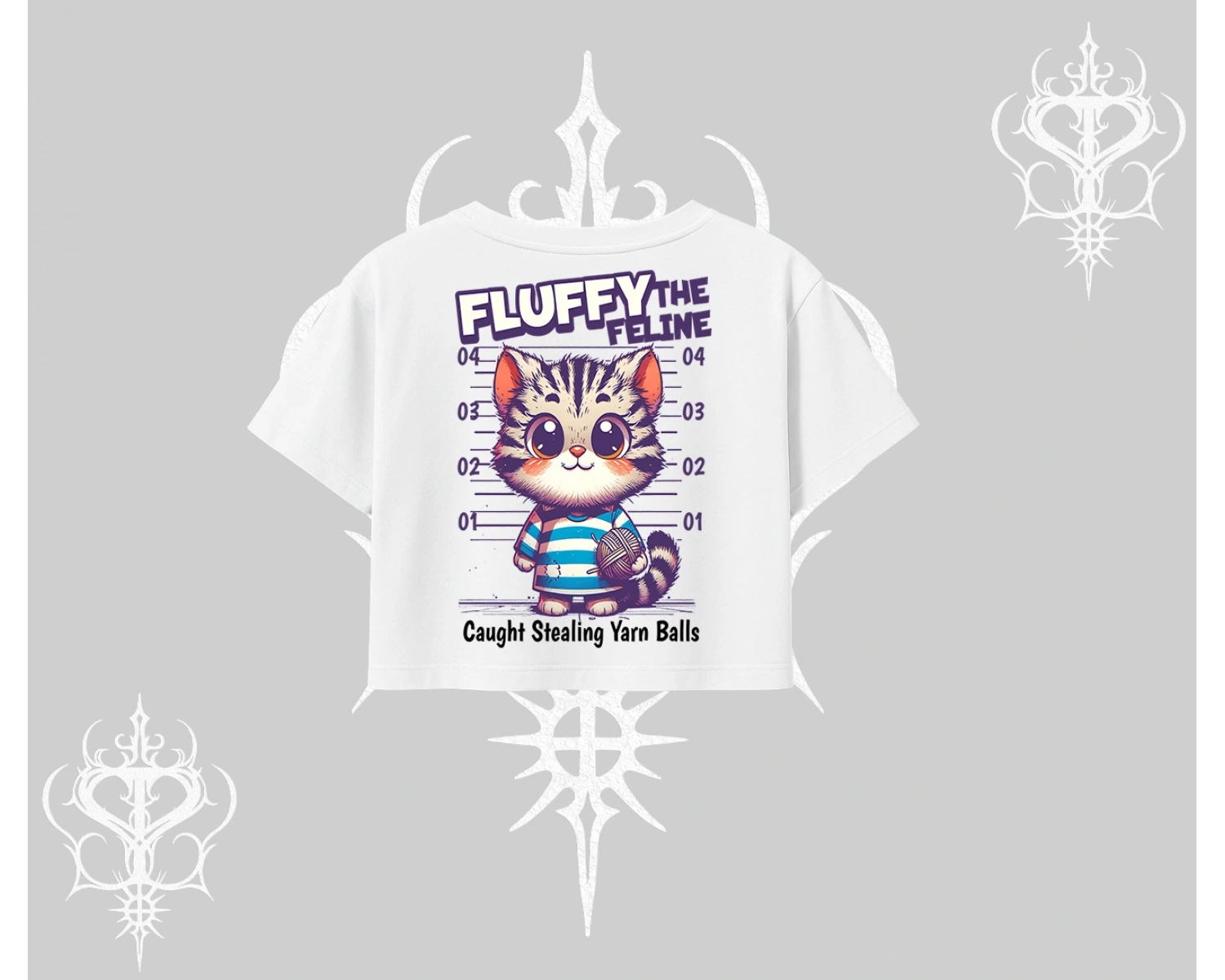 Fluffy The Feline Yazılı Sevimli Kedi Arka Baskılı Oversize Crop Tshirt