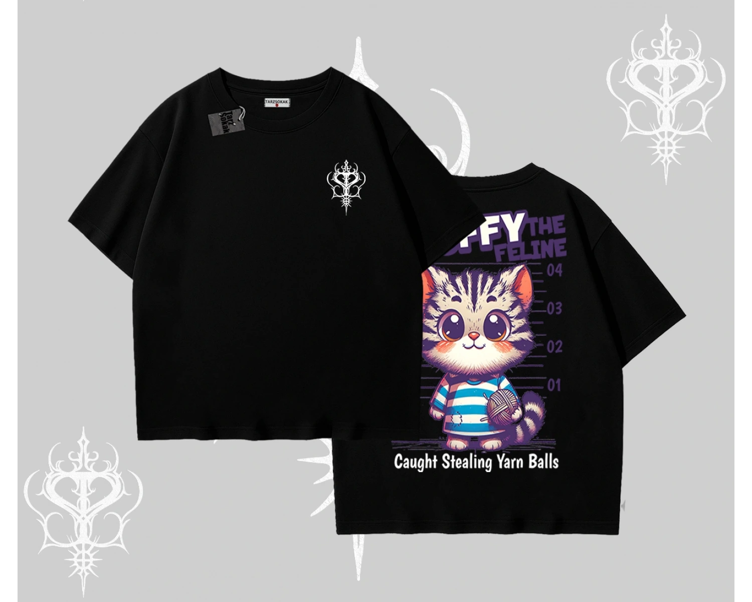Fluffy The Feline Yazılı Sevimli Kedi Arka Baskılı Oversize Tshirt