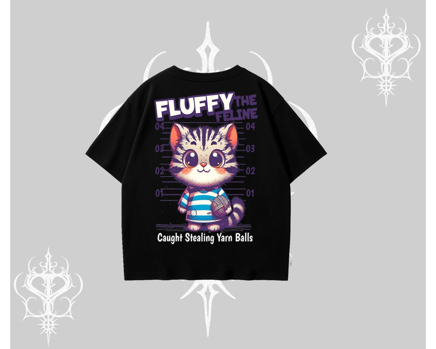 Fluffy The Feline Yazılı Sevimli Kedi Arka Baskılı Oversize Tshirt