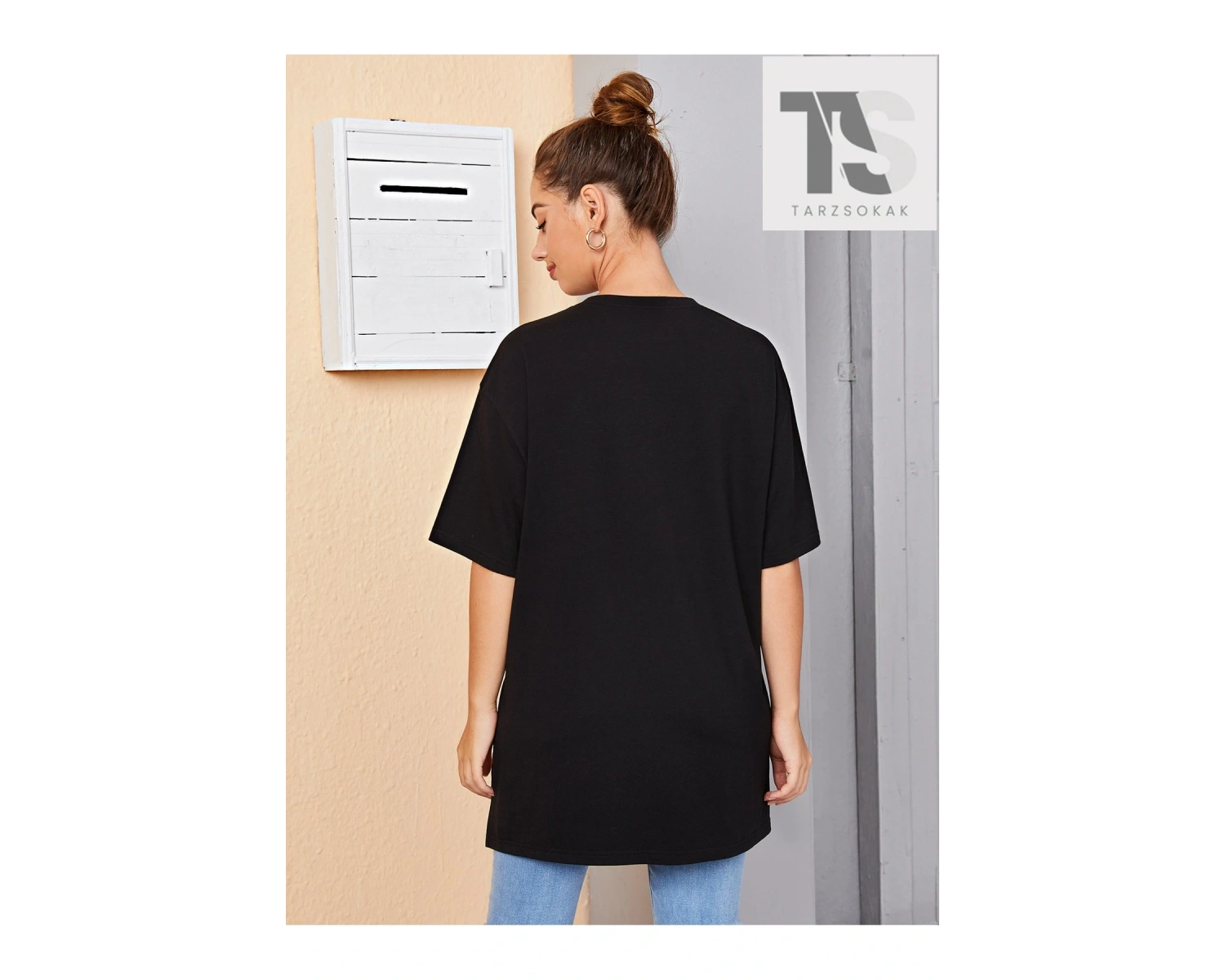 Galaksi Baskılı Düşük Omuzlu Uzun Kollu Tişört