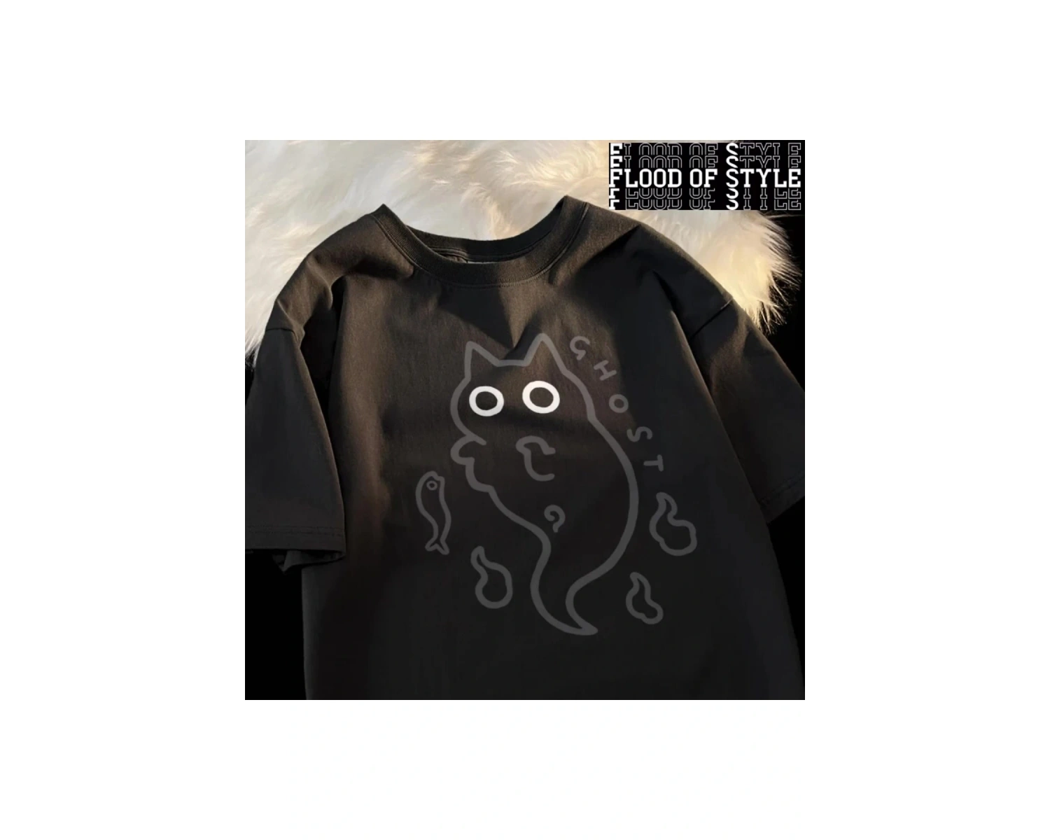 Gevşek kısa kollu tişört kadınlar için orijinal japon moda marka çift saf kedi şeffaf hayalet