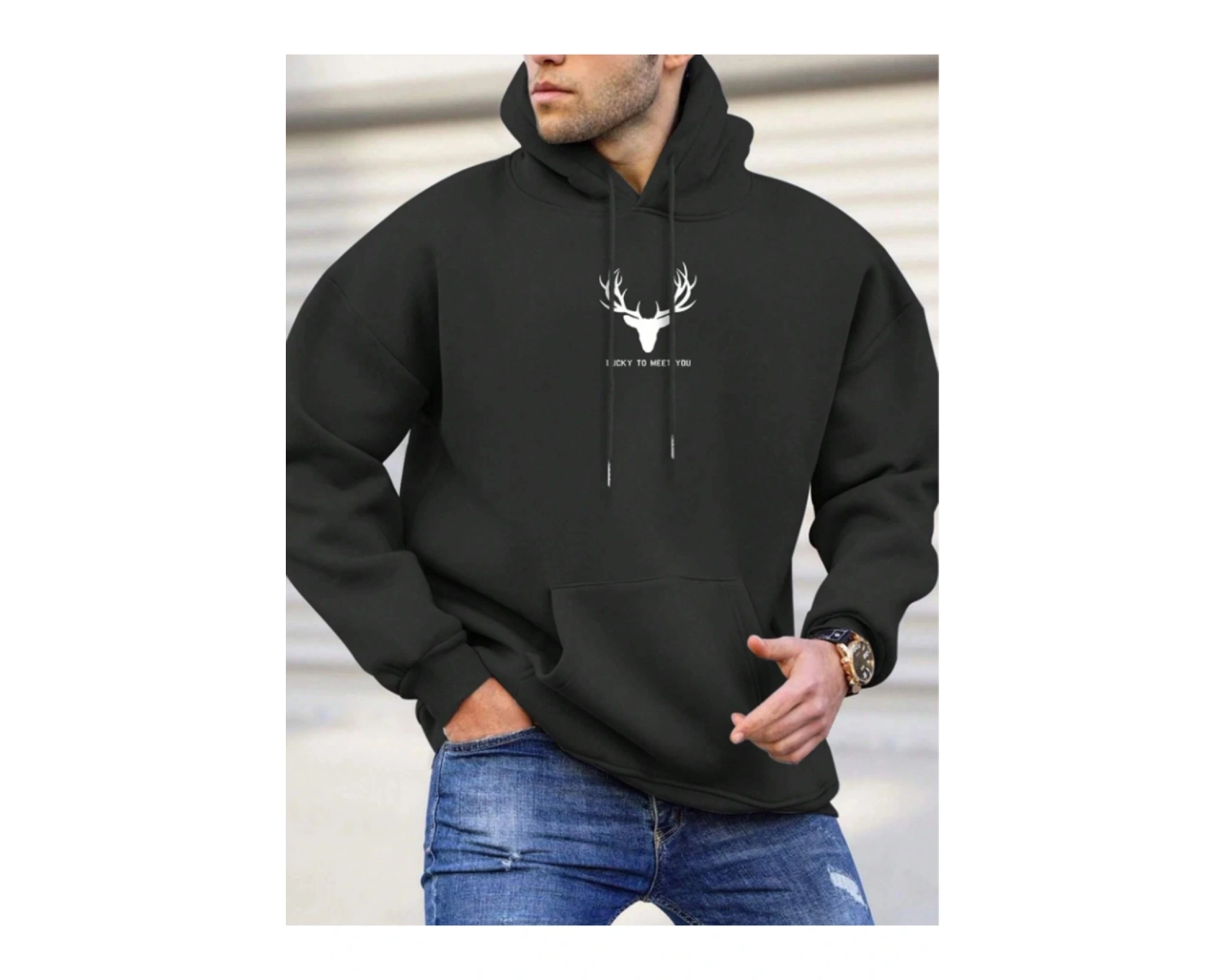 Geyik Renkli Oversize Kapüşonlu Sweatshirt Siyah