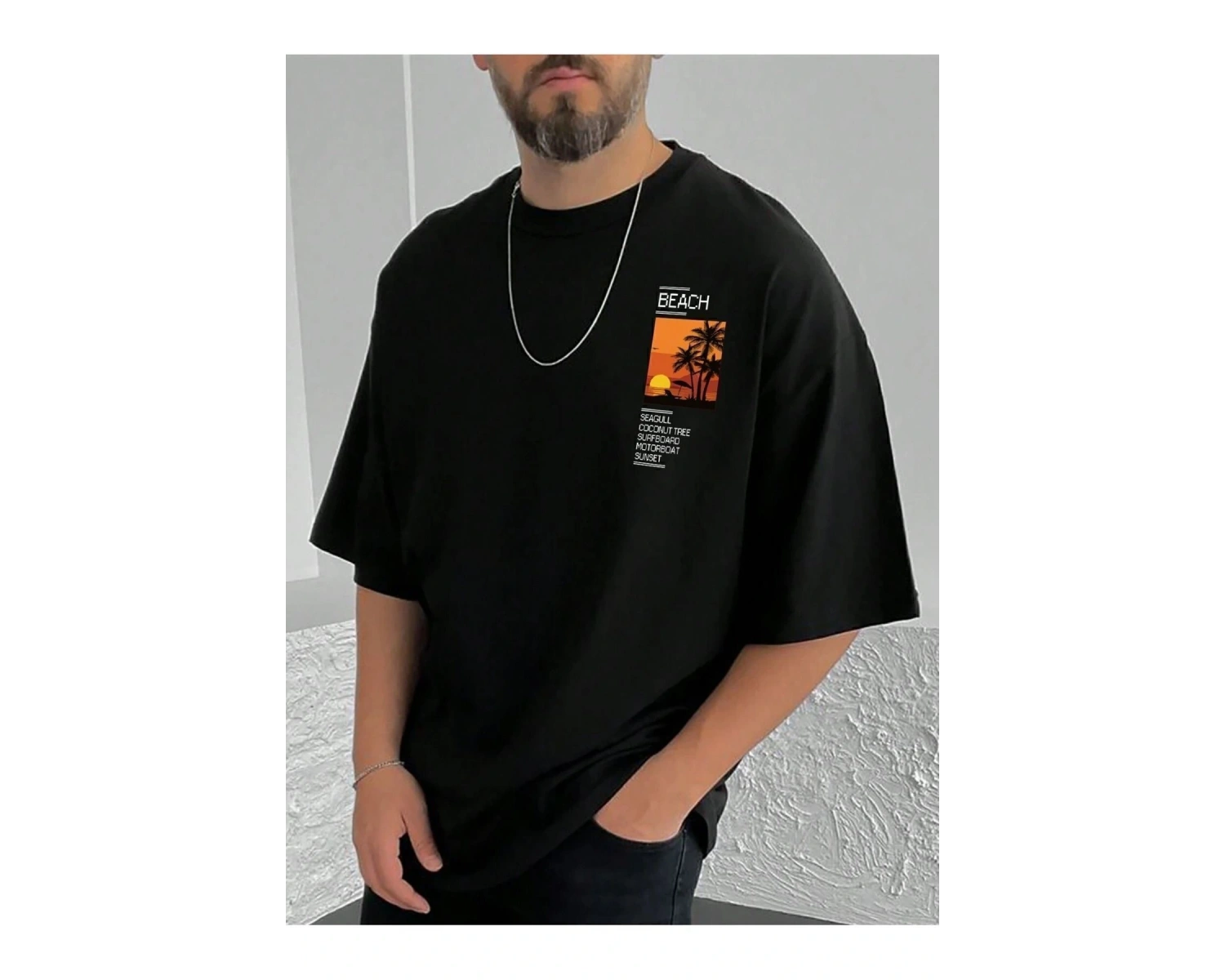 Göğüs Beach Baskılı Oversize Erkek T-Shirt