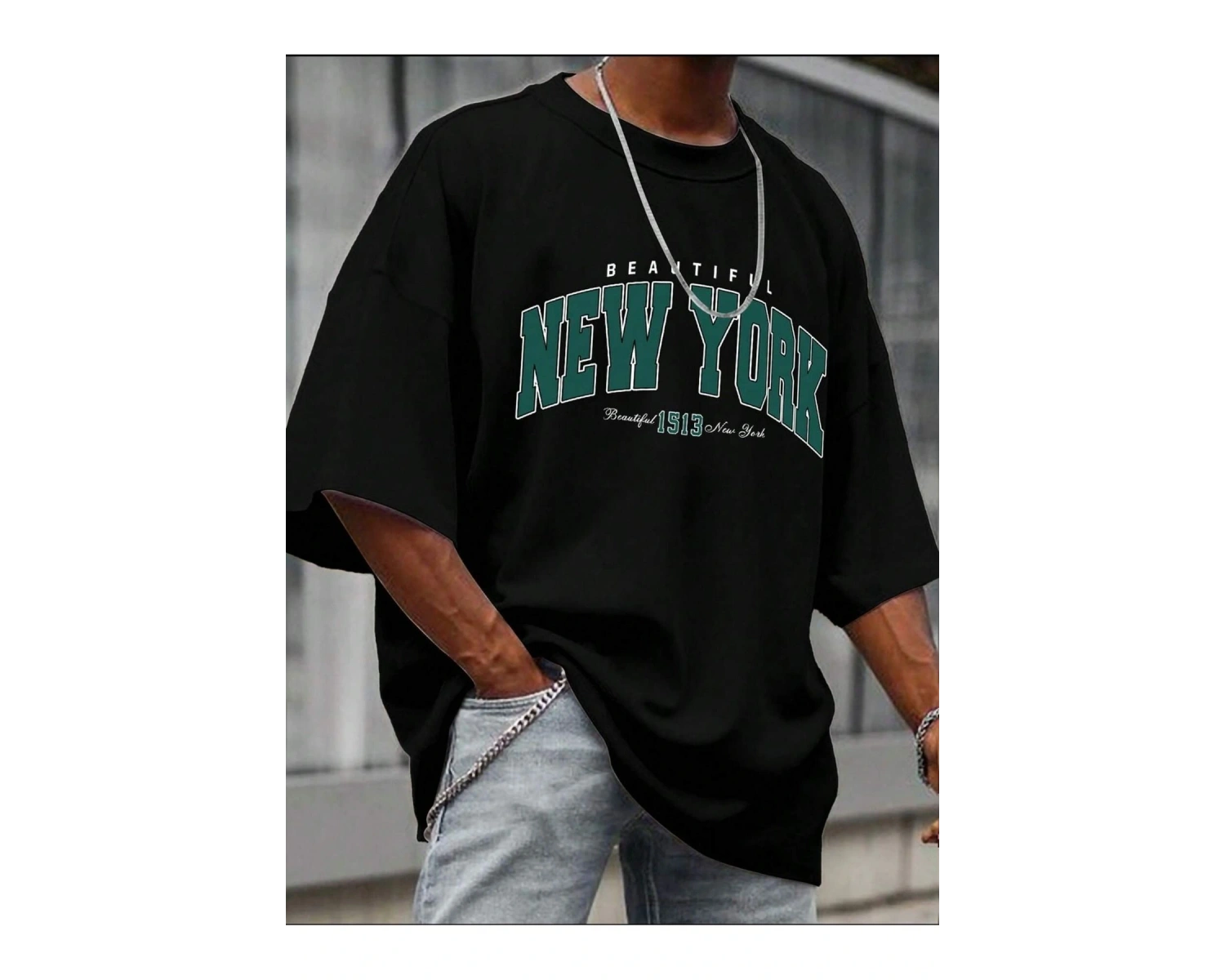 Göğüs Mega New York Baskılı Oversize Erkek T-Shirt