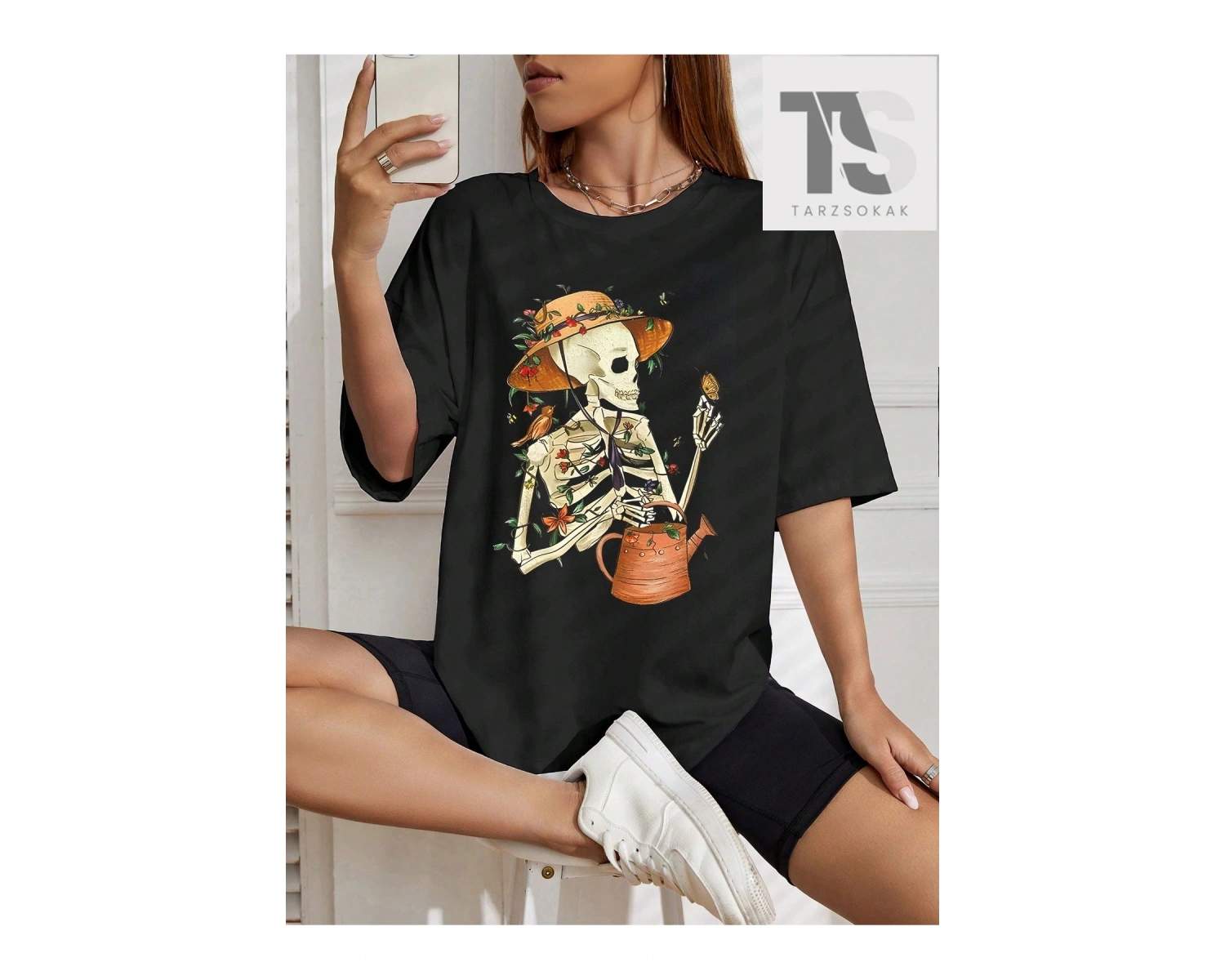 Goth Ay ve Kedi Baskılı Damla Omuz Tişört