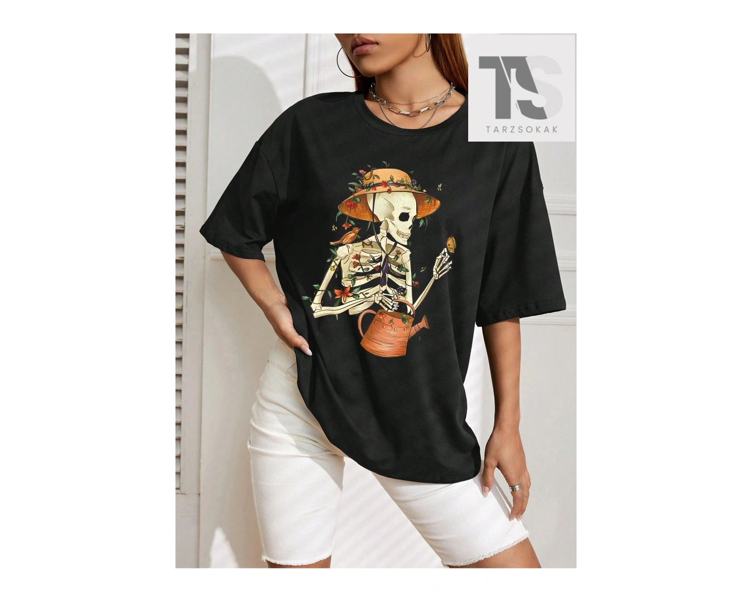 Goth Ay ve Kedi Baskılı Damla Omuz Tişört