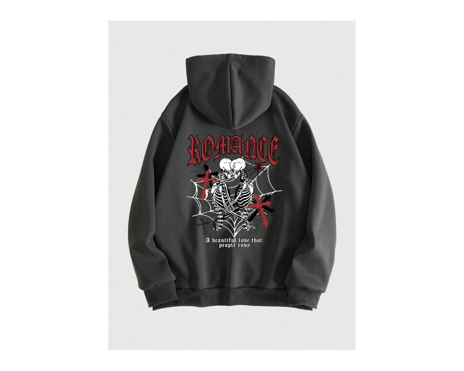 Goth Guys Skeleton & Slogan Graphic Zip Up Lined Hoodie Gri