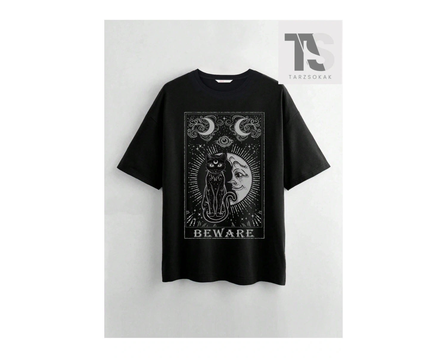 Goth Kedi ve Ay Baskılı Tişört