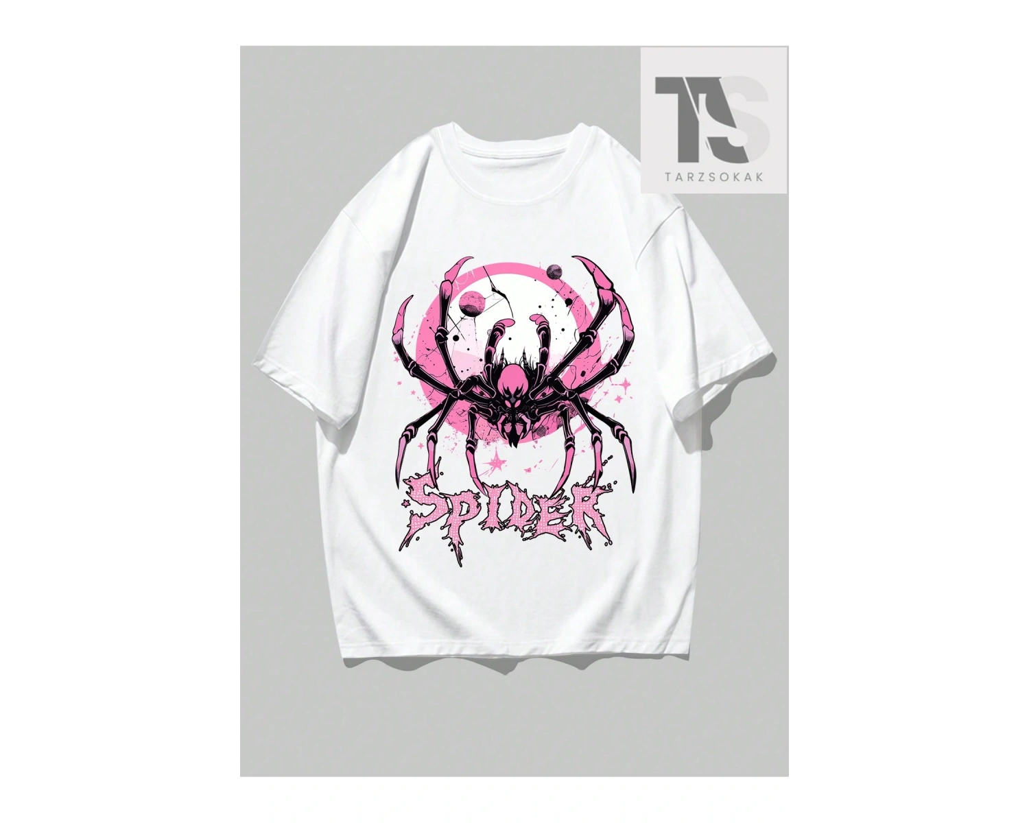 Goth Örümcek ve Mektup Baskılı Yuvarlak Yaka Erkek Tişört