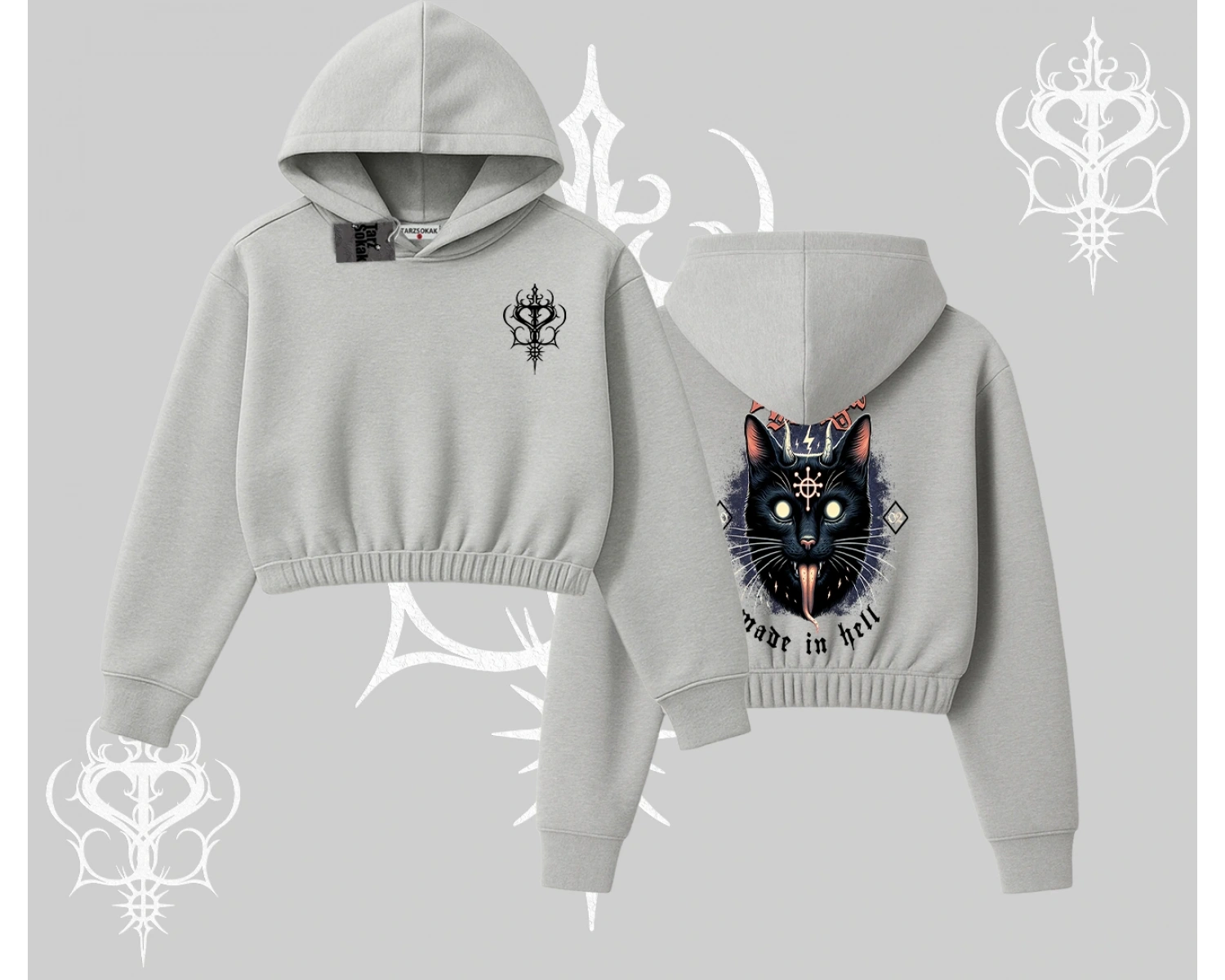 Gothic Cat Made in Hell Baskılı Sweatshirt Kapşonlu Crop Sweatshirt