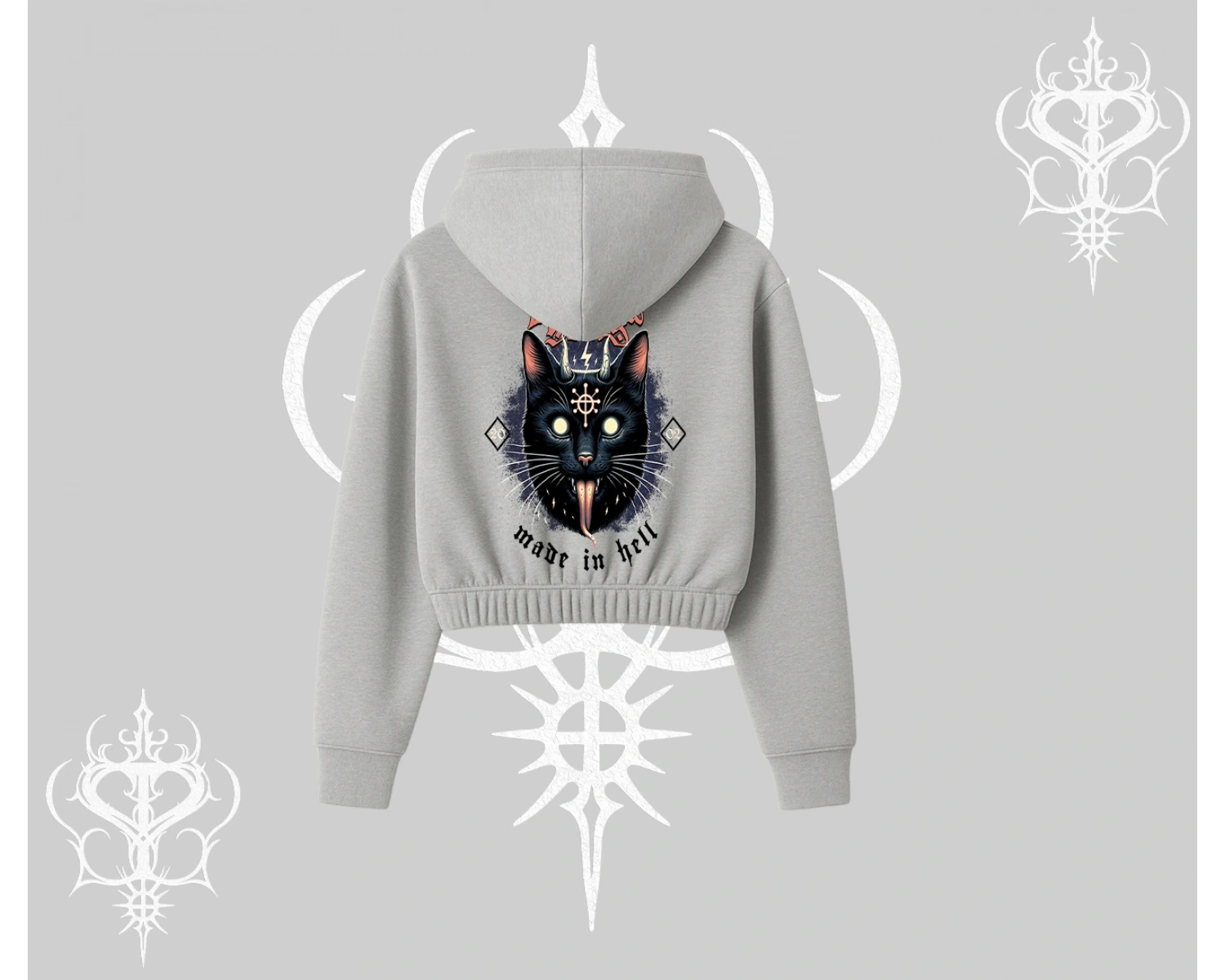 Gothic Cat Made in Hell Baskılı Sweatshirt Kapşonlu Crop Sweatshirt